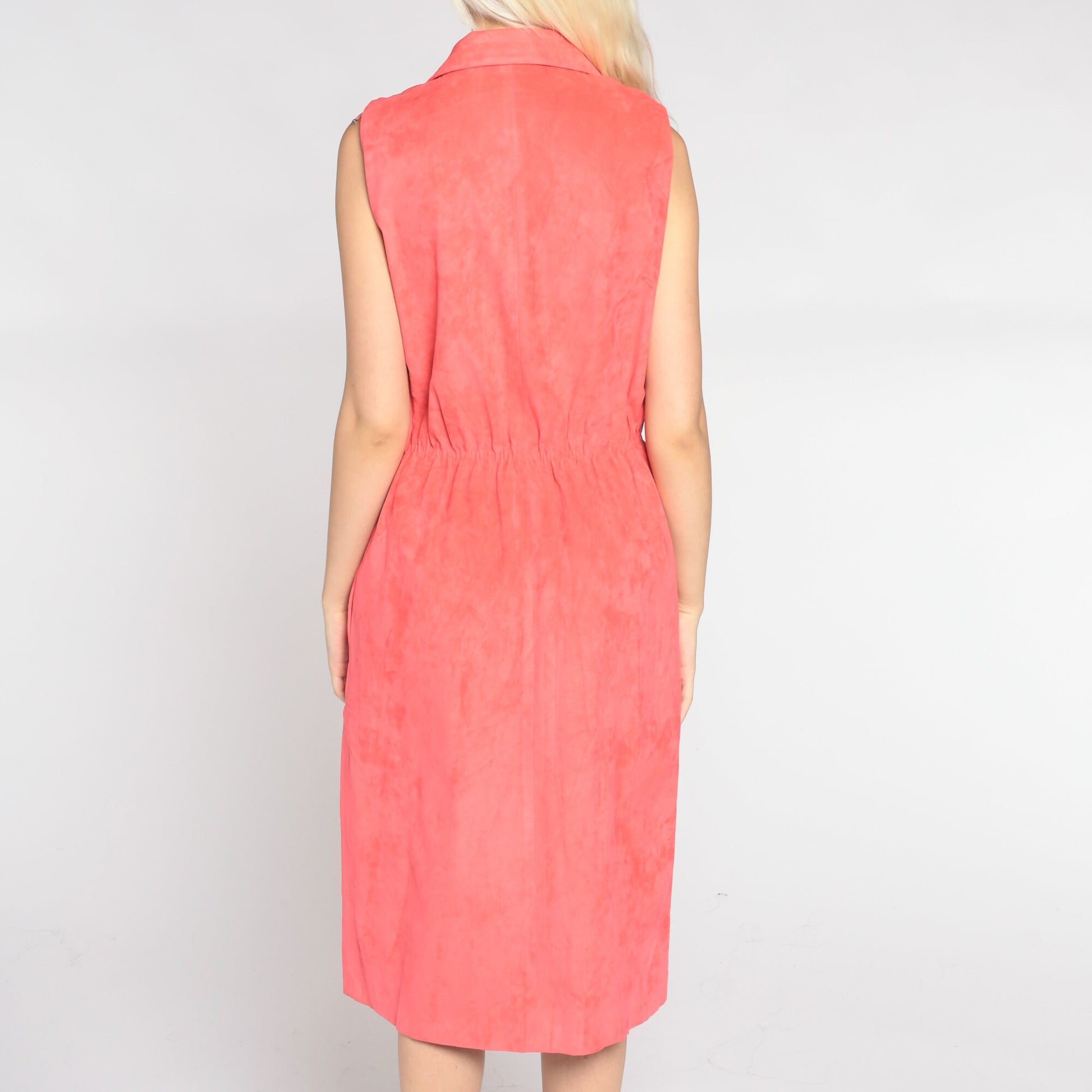 80s Salmon Pink Faux Suede Midi Dress Collared V-Neck Wrap High Waist Medium Large