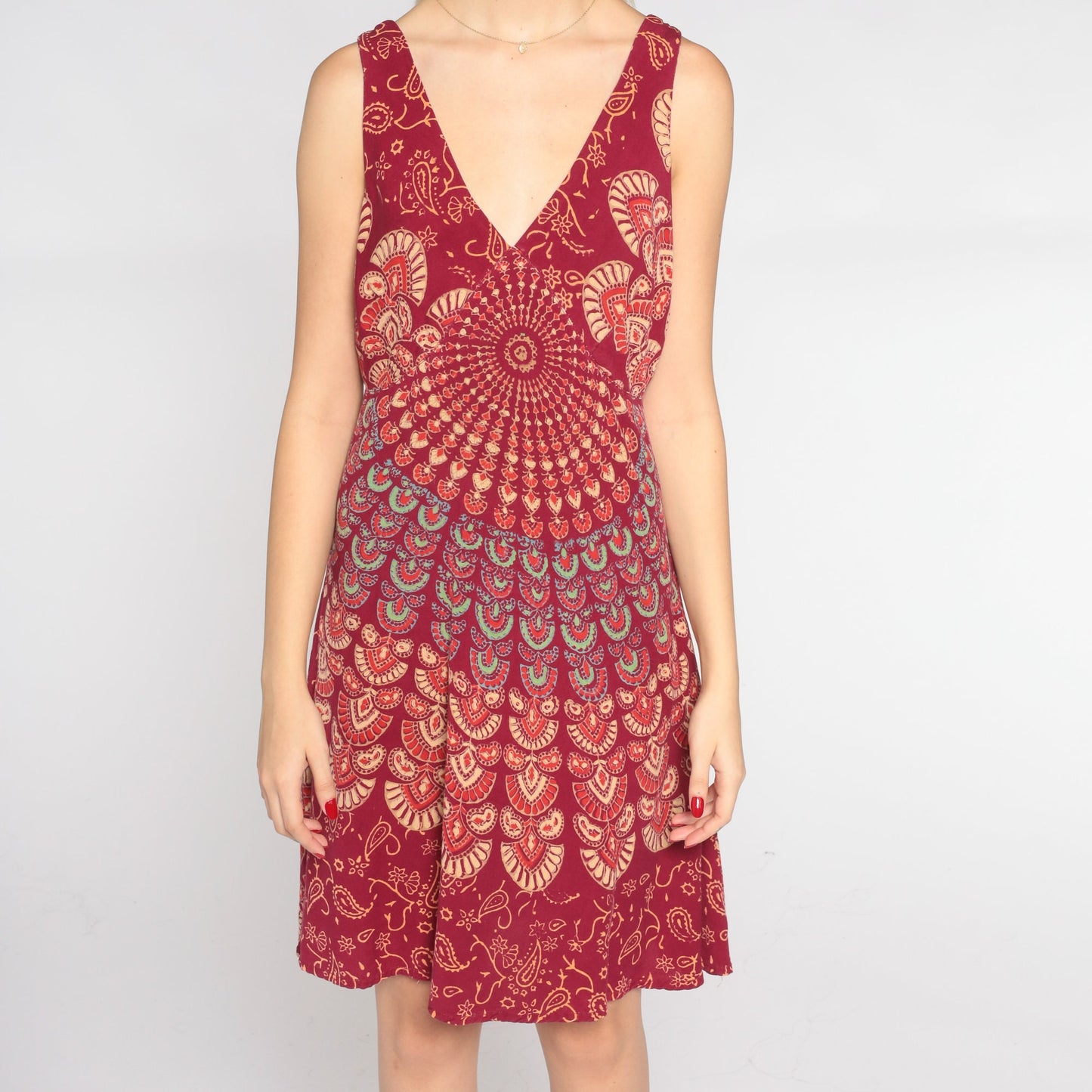90s Red Mandala Floral Mini Dress V-Neck Empire Waist Sleeveless Large L