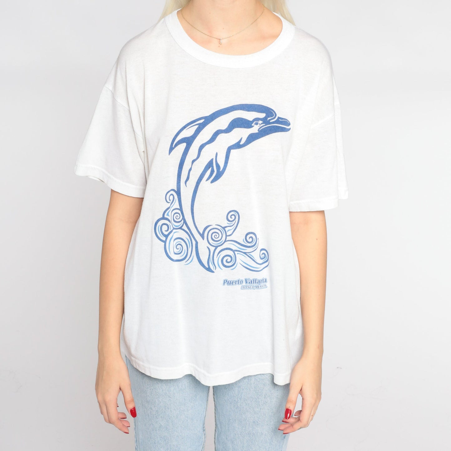 90s Dolphin Puerto Vallarta Mexico Graphic T-Shirt White Cotton Large L