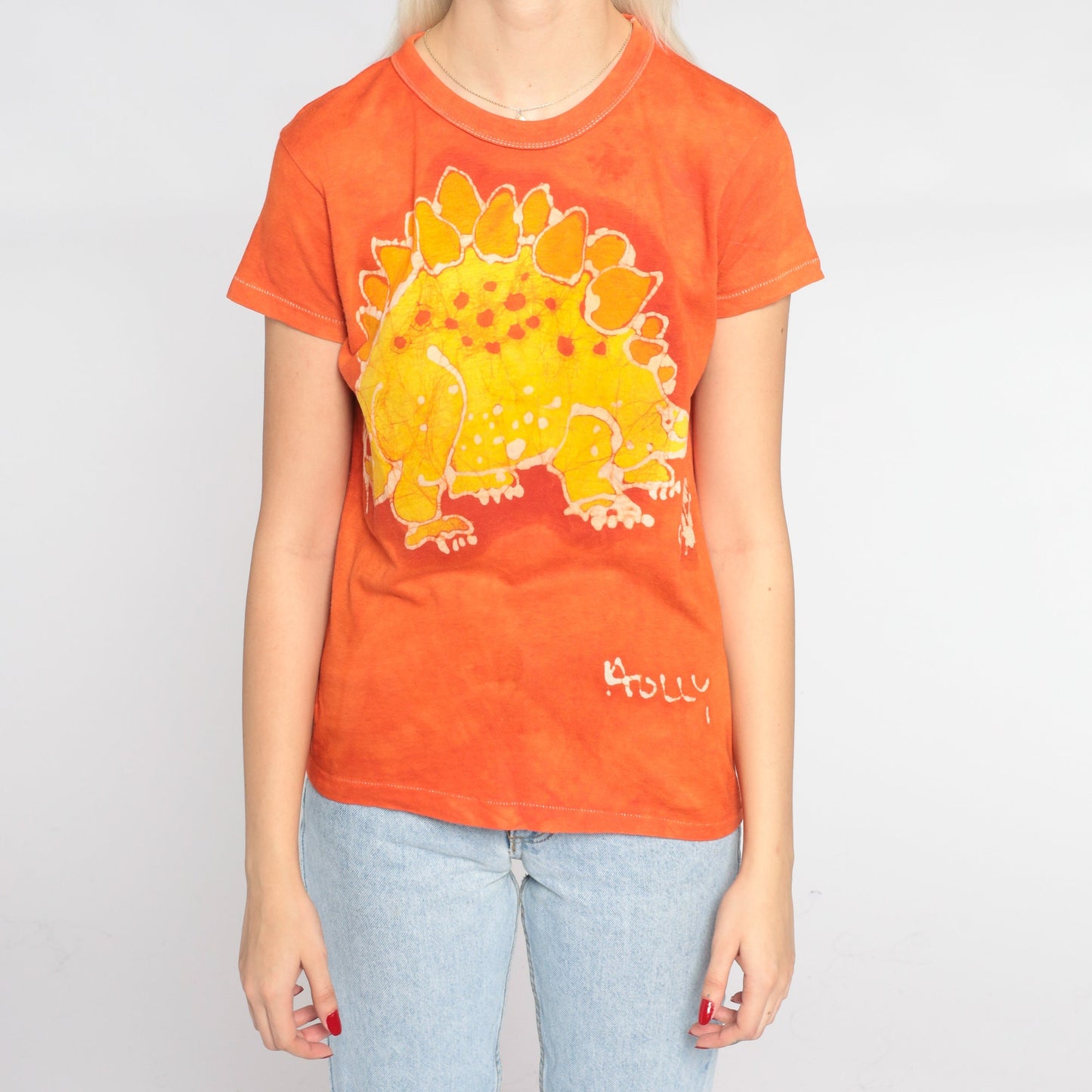 80s Stegosaurus Dinosaur Tie Dye Graphic T-Shirt Holly Orange Single Stitch XS
