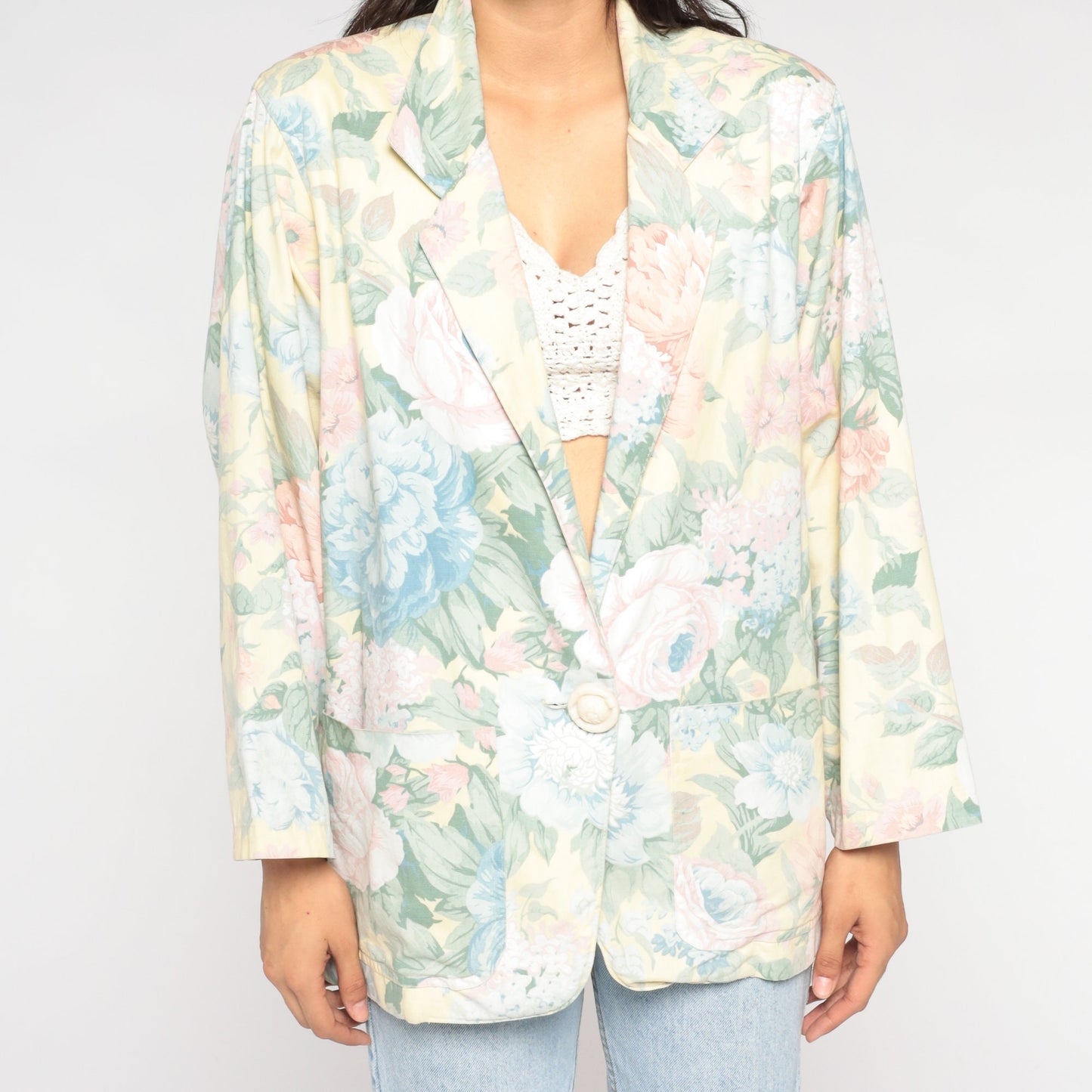 90s Floral Blazer Yellow Pastel Flower Print Single Button Jacket Large