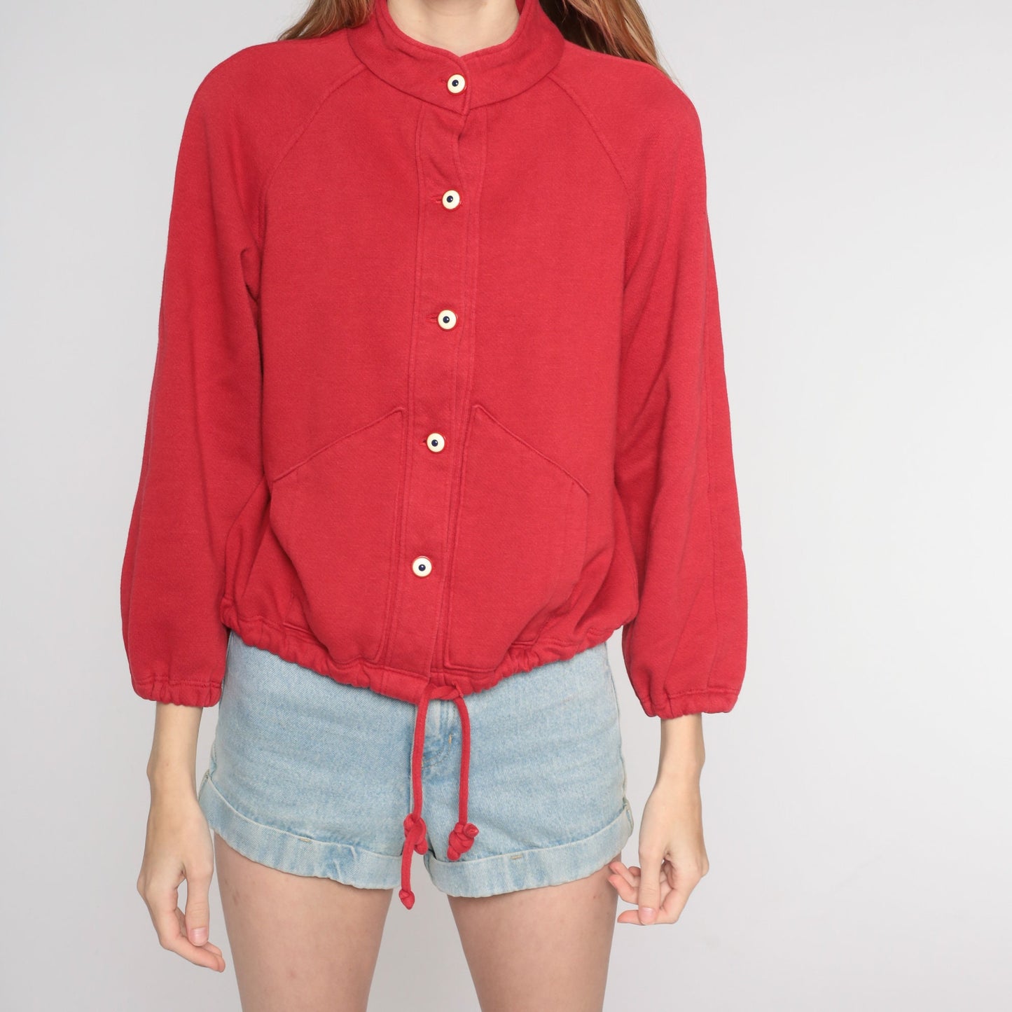 90s Red Cardigan Sweatshirt High Neck Raglan Button Up Small S