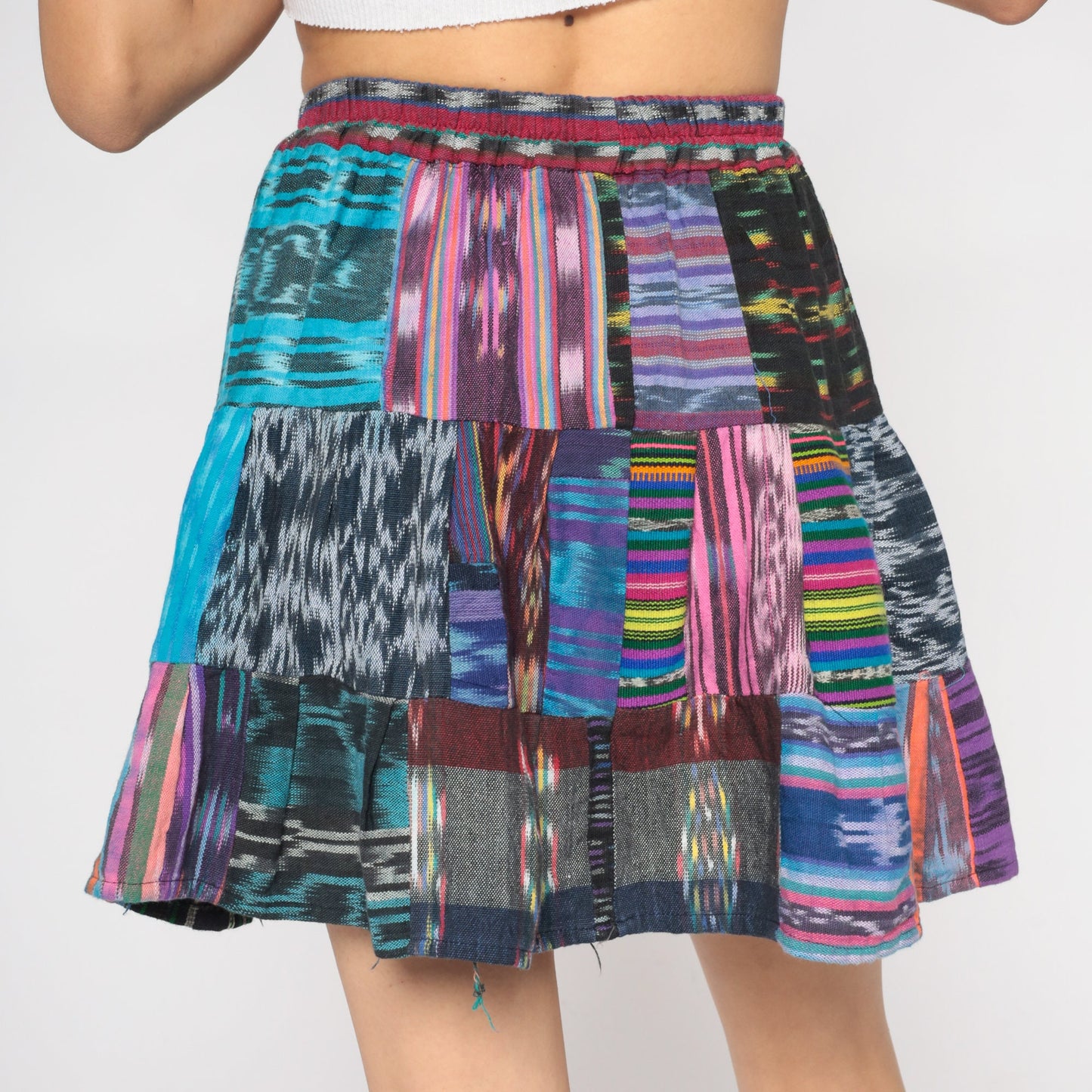 Y2K Patchwork Mini Skirt High Waist Tiered Cotton Extra Small