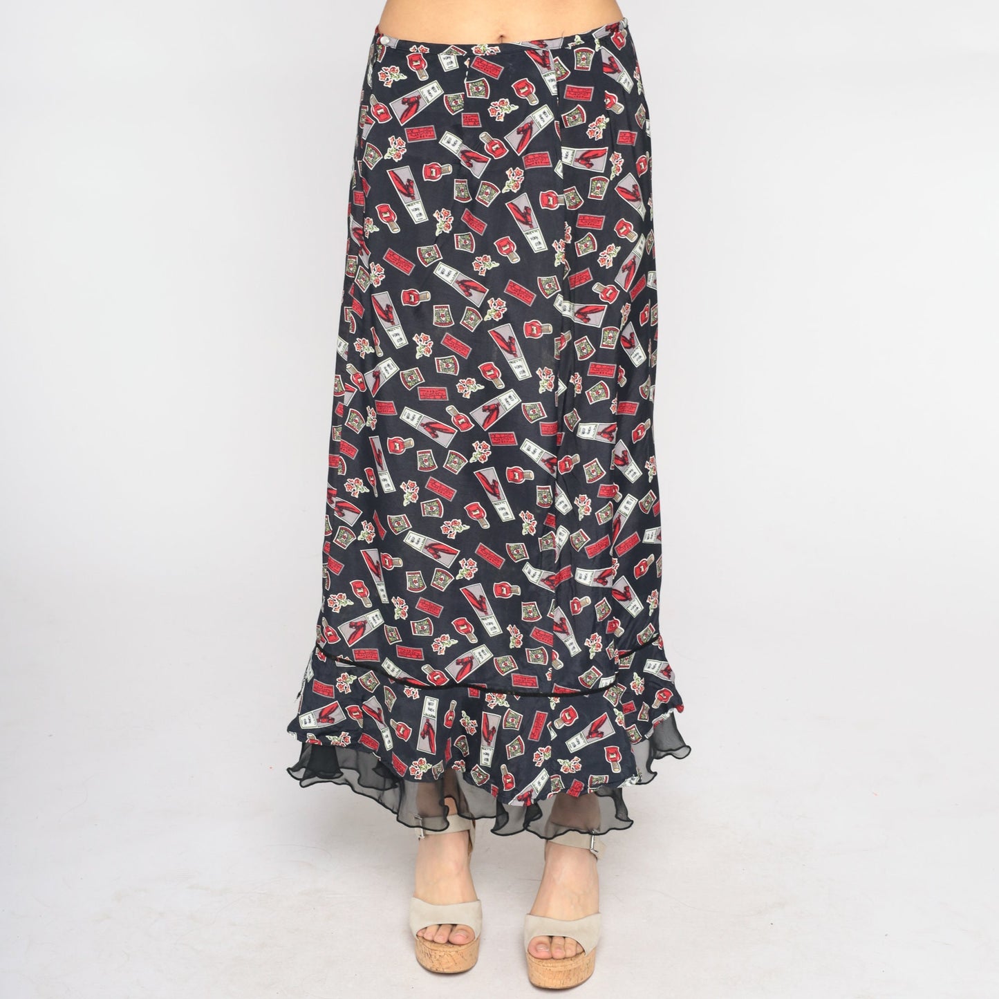 00s Wild Horse Maxi Skirt Black High Waist Ruffled Hem Small