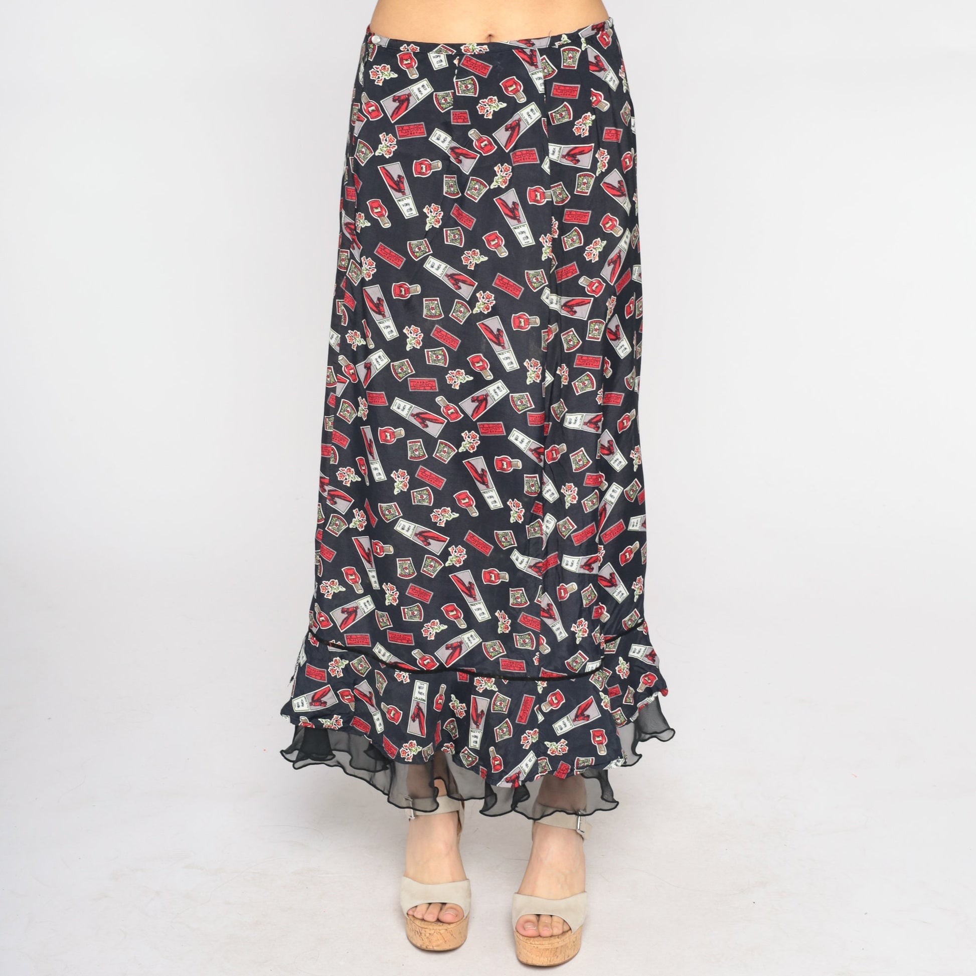 00s Wild Horse Maxi Skirt Black High Waist Ruffled Hem Small