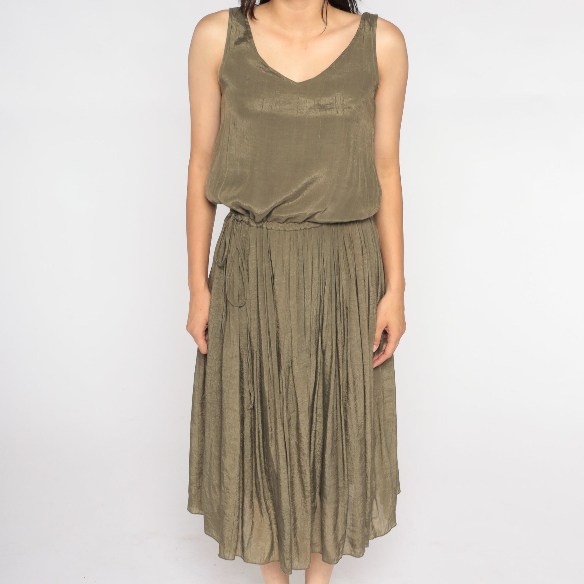 Y2K Metallic Bronze Midi Dress Sleeveless Pleated High Waist Small S