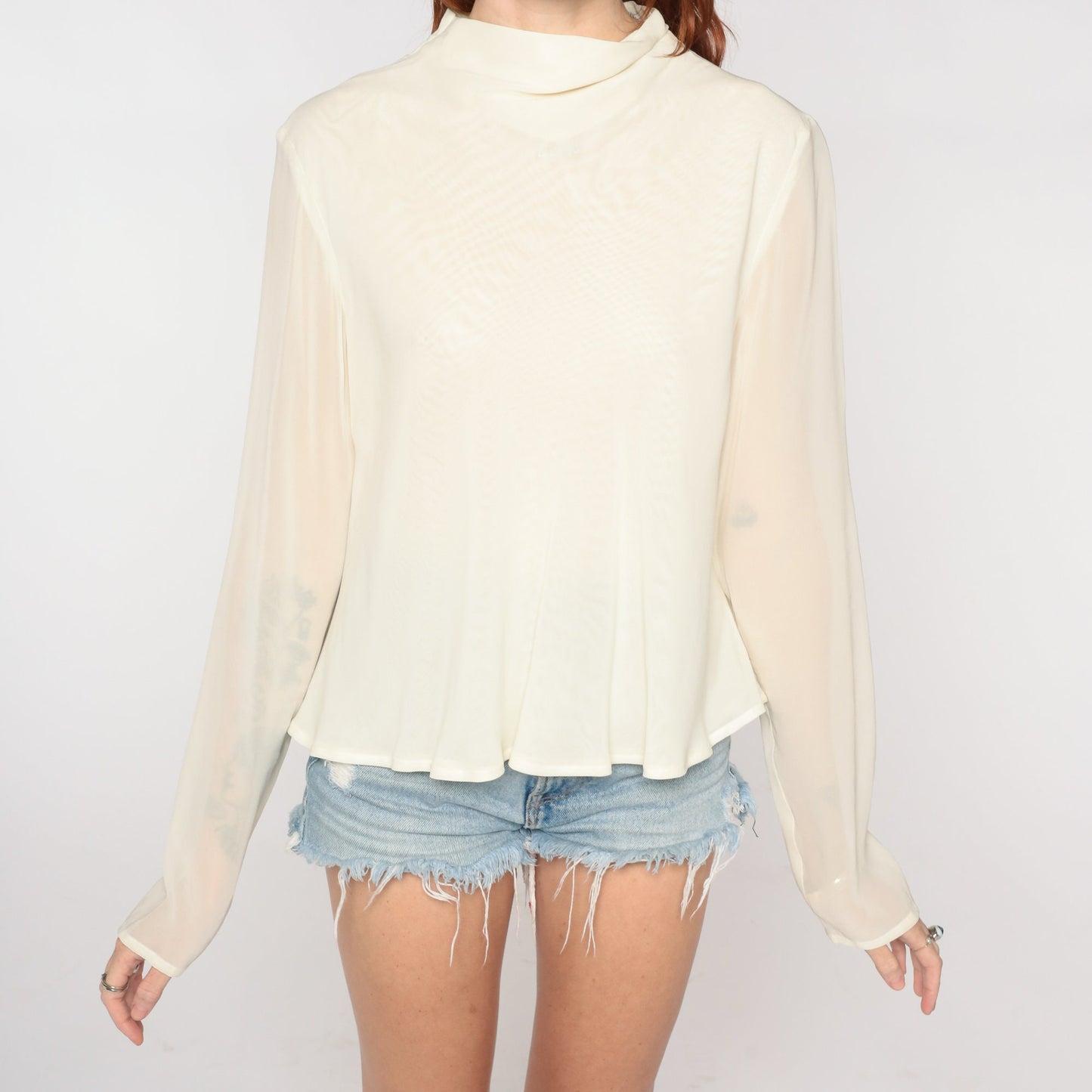 90s Cream Chiffon Mock Neck Blouse Sheer Long Sleeve Party Top Medium