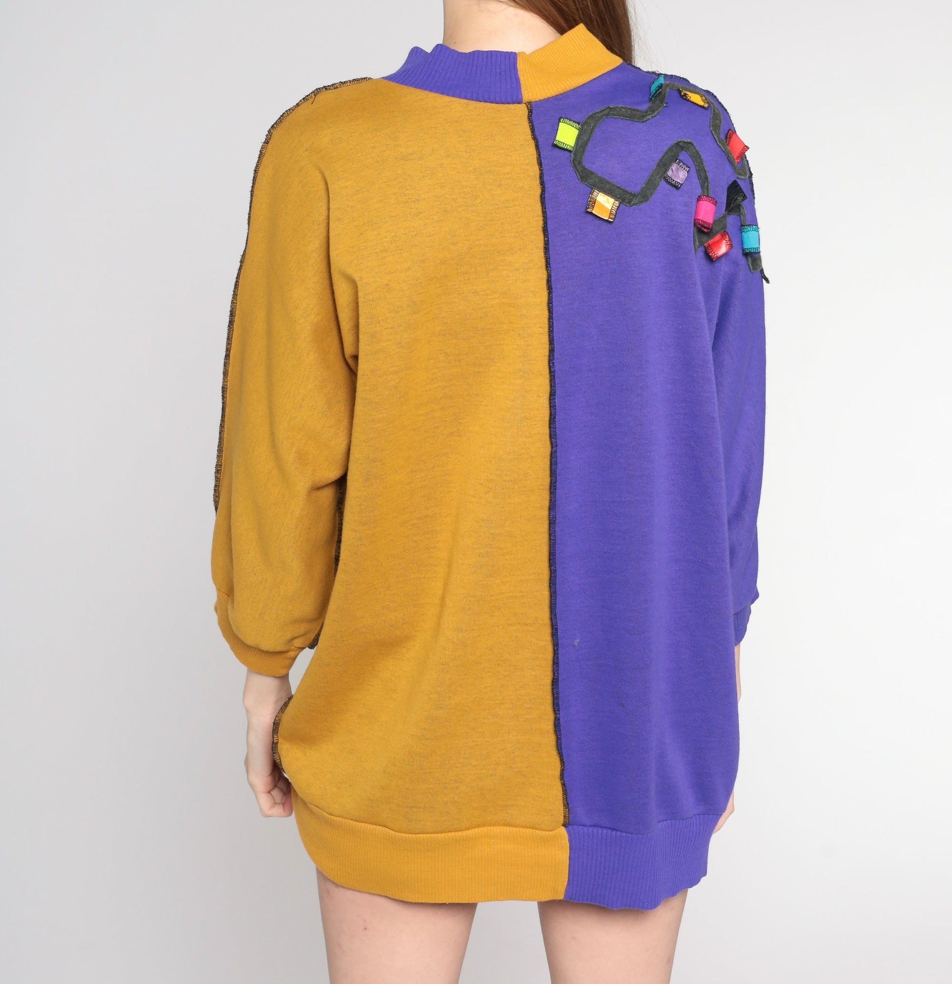 80s Color Block Sweatshirt Purple Mustard Crewneck Pullover Medium M