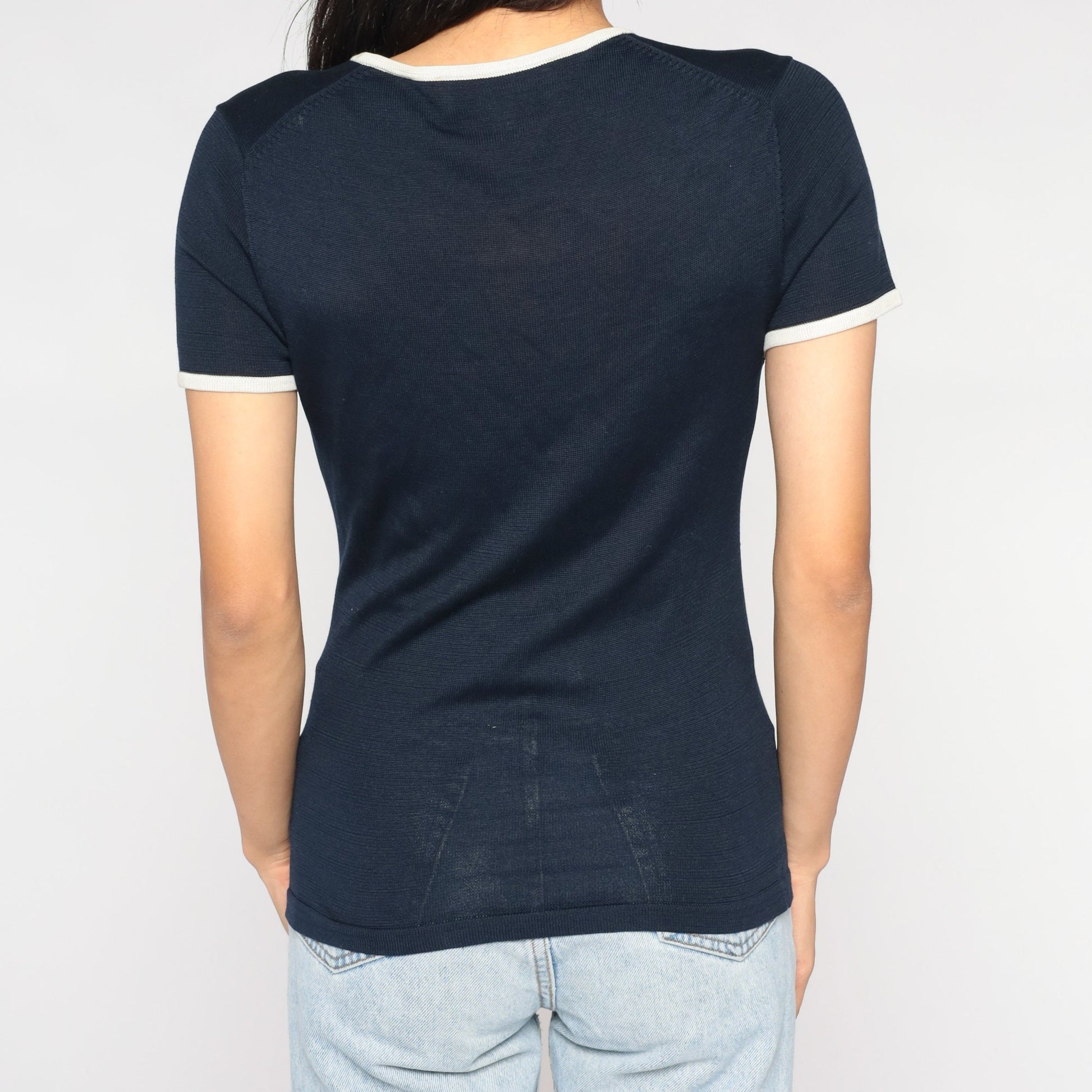 00s Navy Silk Knit Top Short Sleeve White Trim Small S