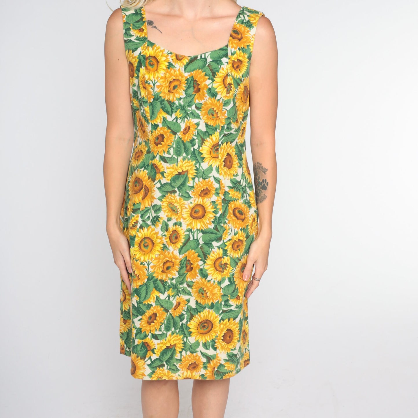 60s Sunflower Print Mini Dress Sleeveless Sheath Mod Small Medium