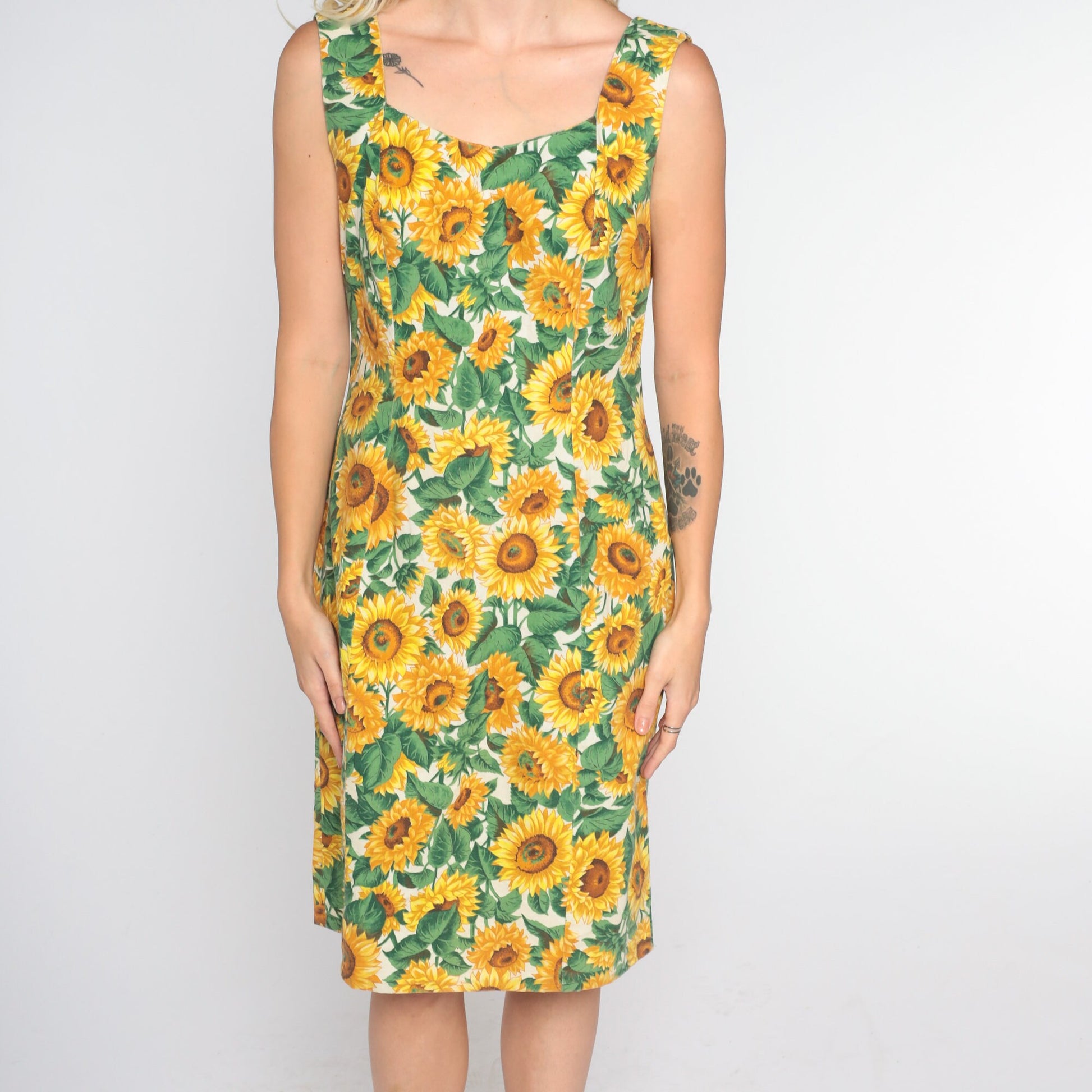 60s Sunflower Print Mini Dress Sleeveless Sheath Mod Small Medium