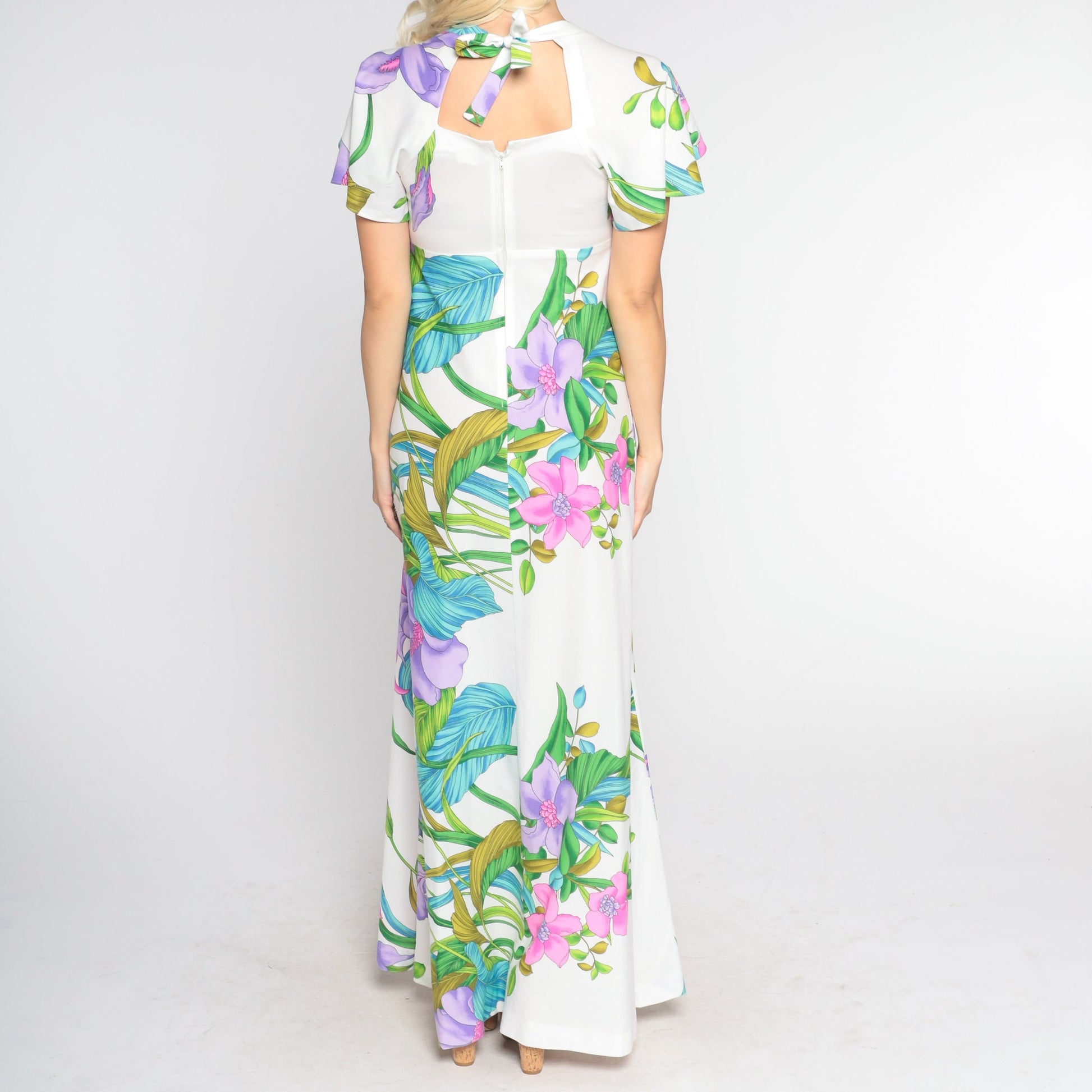 70s Tropical Floral White Maxi Dress Smocked Flutter Sleeve Empire Waist Small Medium