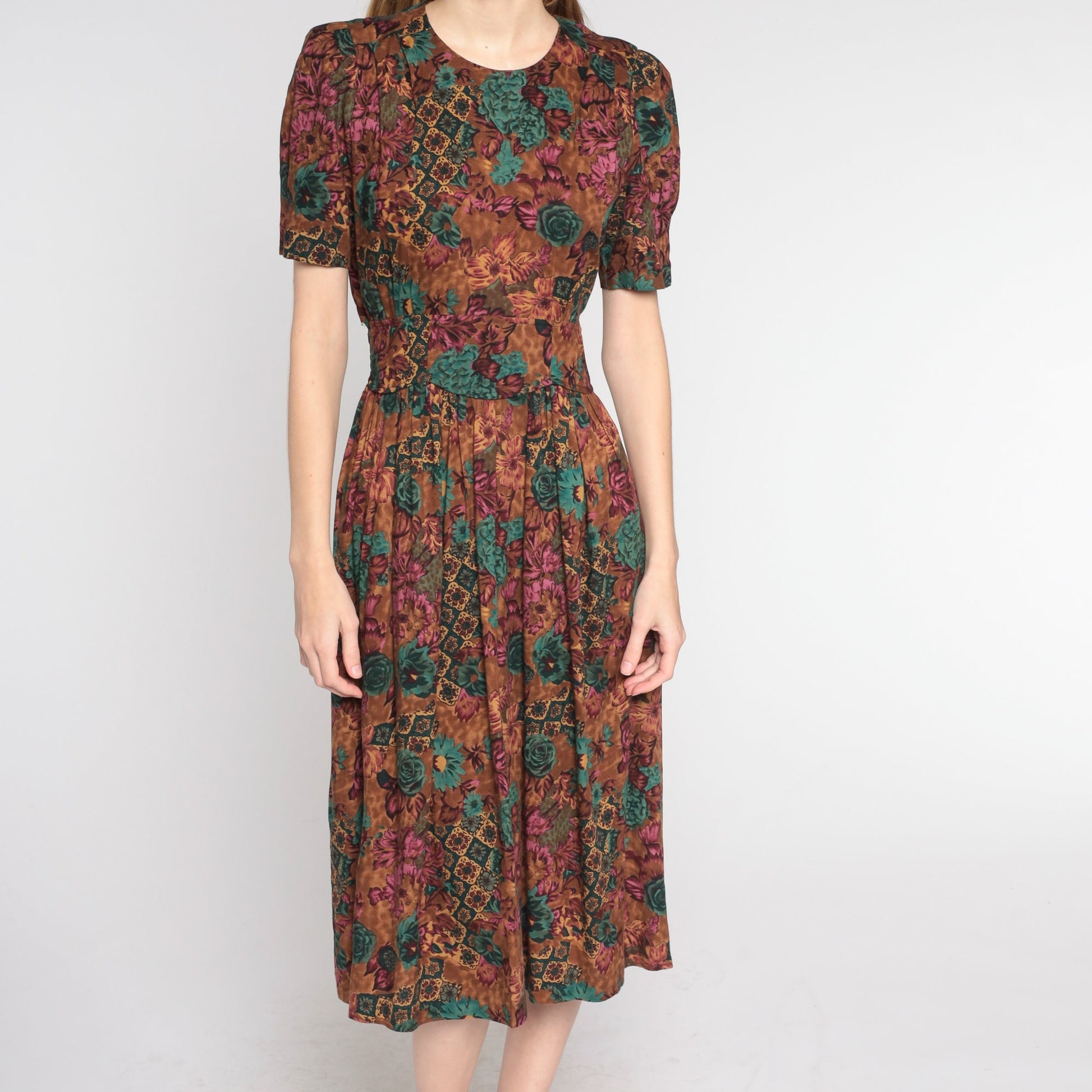 90s Brown Floral Midi Dress High Waist Puff Sleeve Pleated Rayon Small