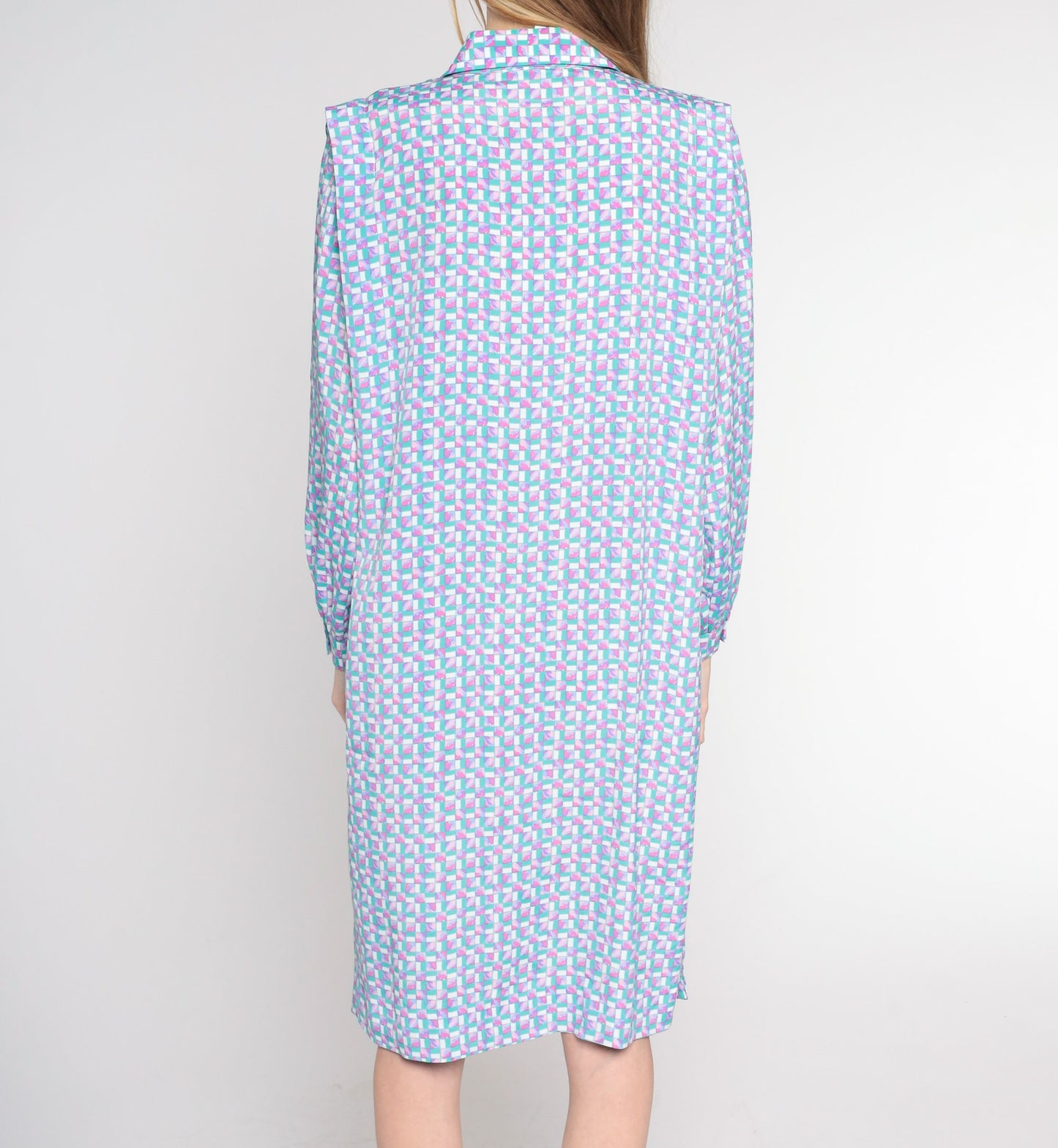 90s Checkered Button-Up Shirtdress Green Pink Knee Length Large