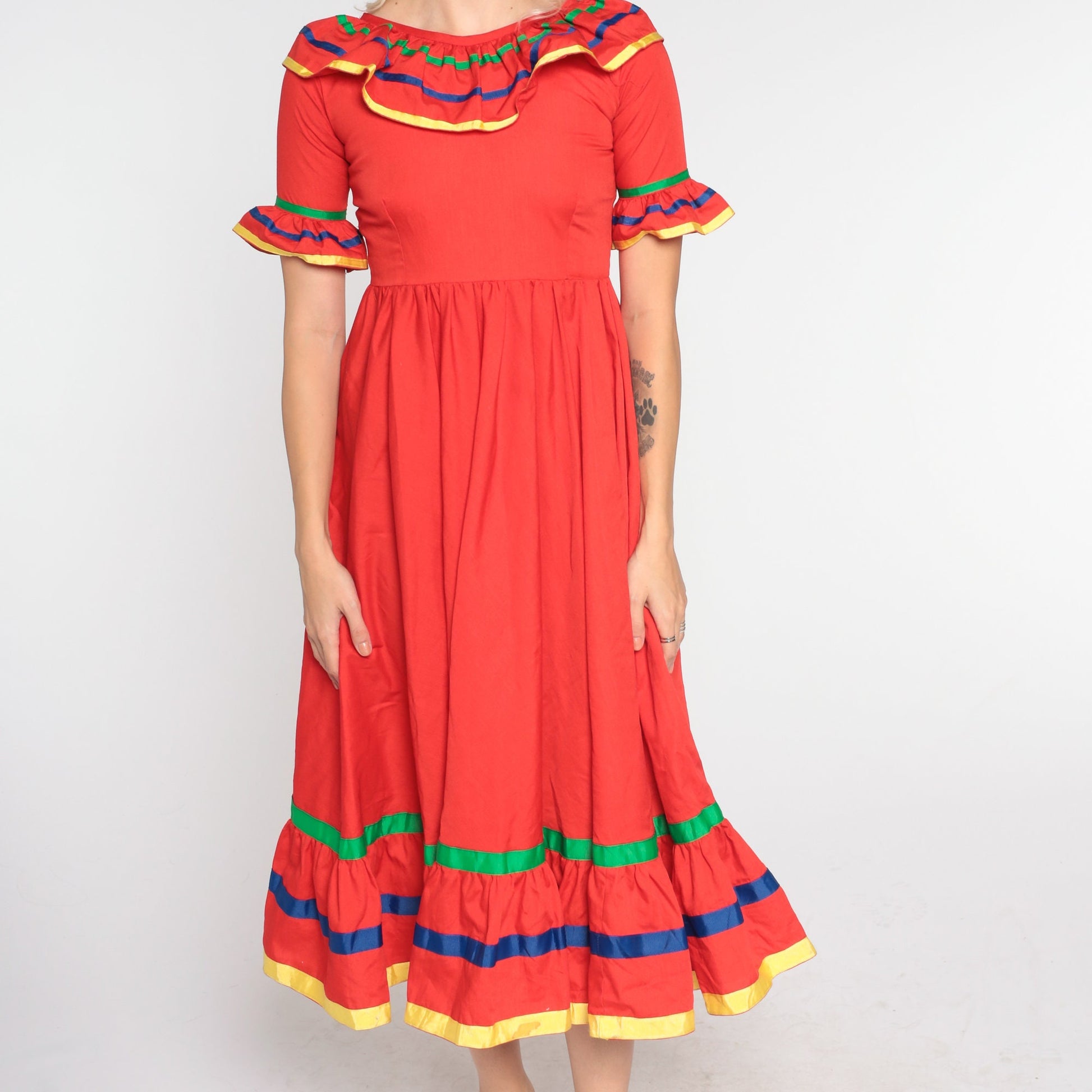 80s Red Prairie Midi Dress High Waisted Tiered Ruffled Short Sleeve Extra Small