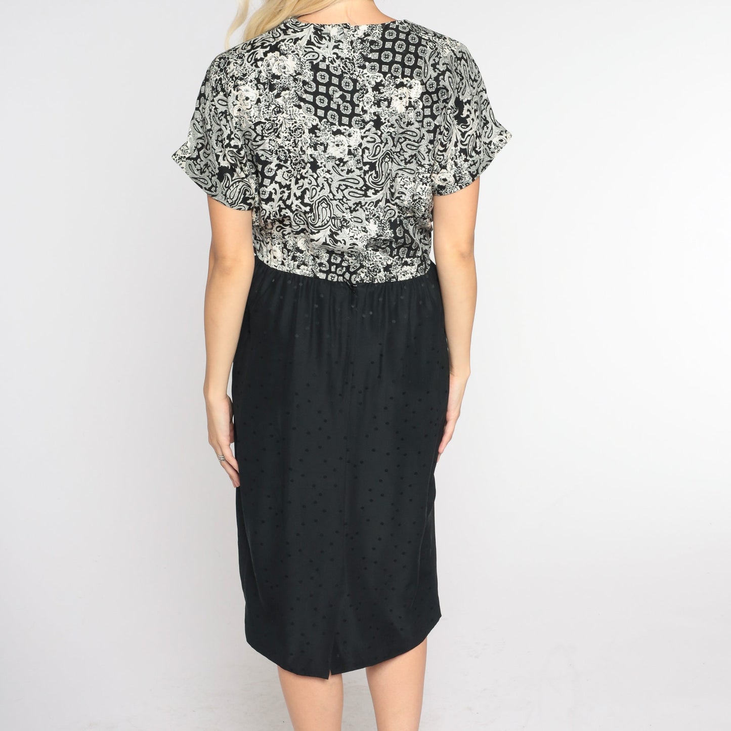 90s Black White Silk Midi Pencil Dress Abstract Floral Paisley Print Small 6