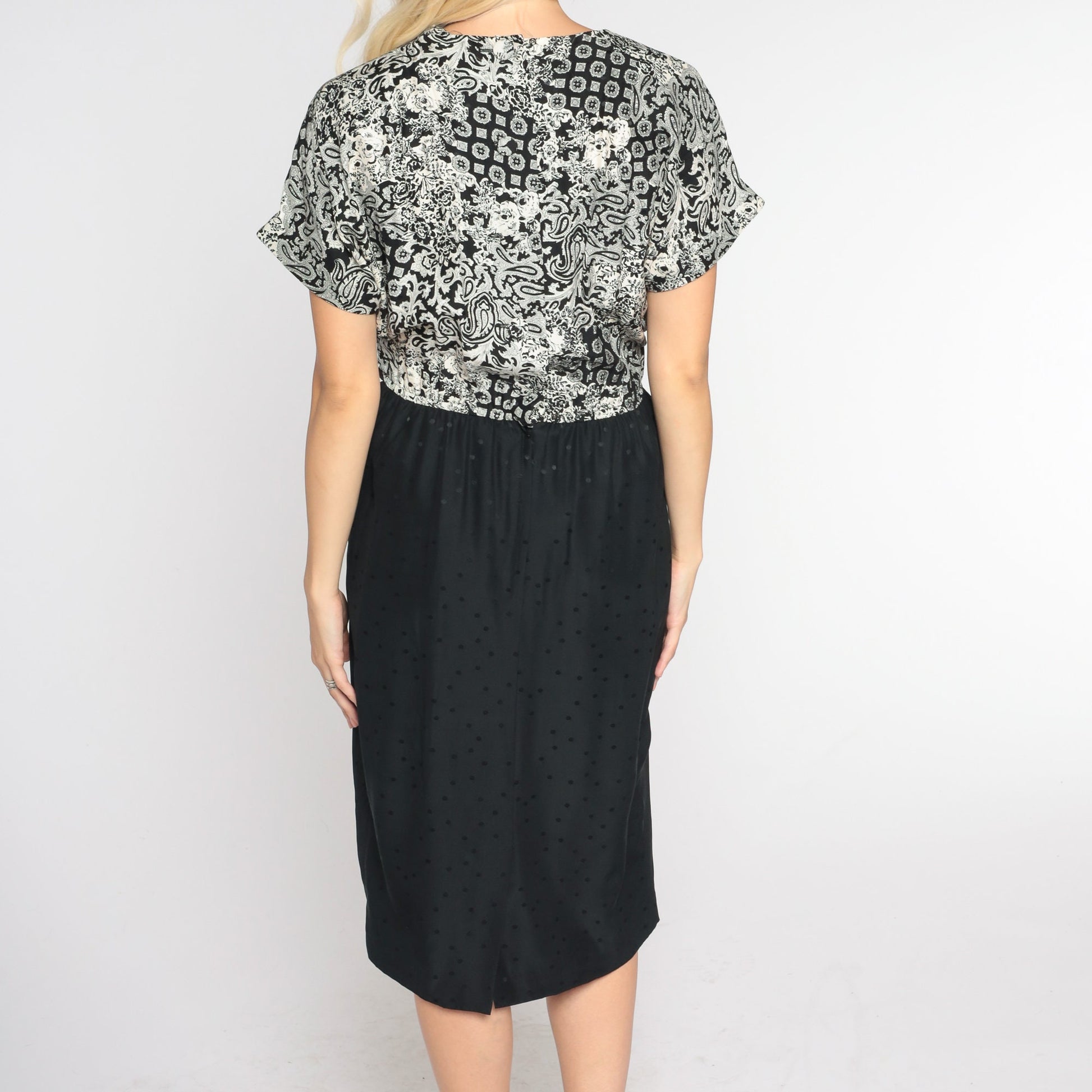 90s Black White Silk Midi Pencil Dress Abstract Floral Paisley Print Small 6