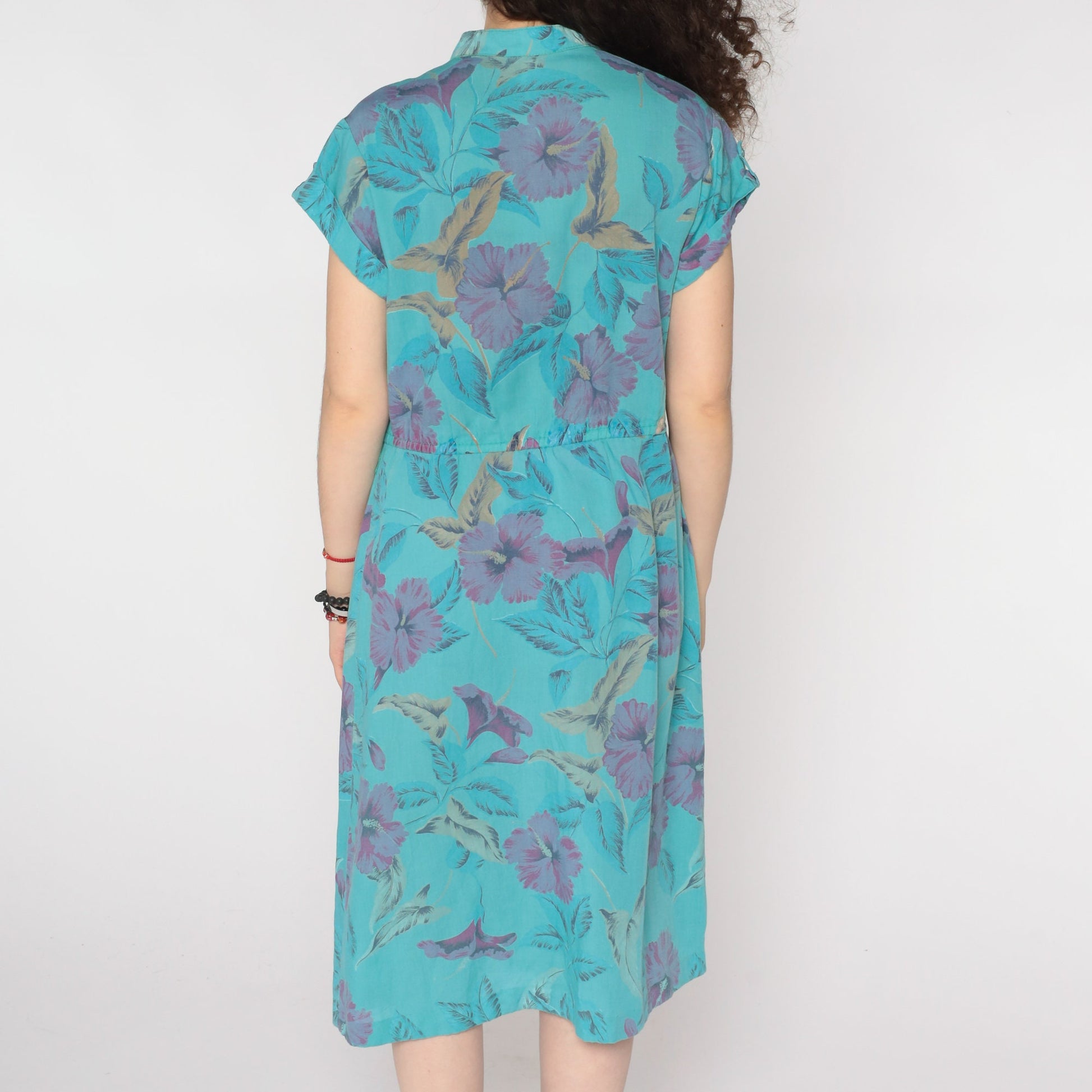 80s Floral Midi Shirtdress Blue Flower Print Button-Up High Waist Medium