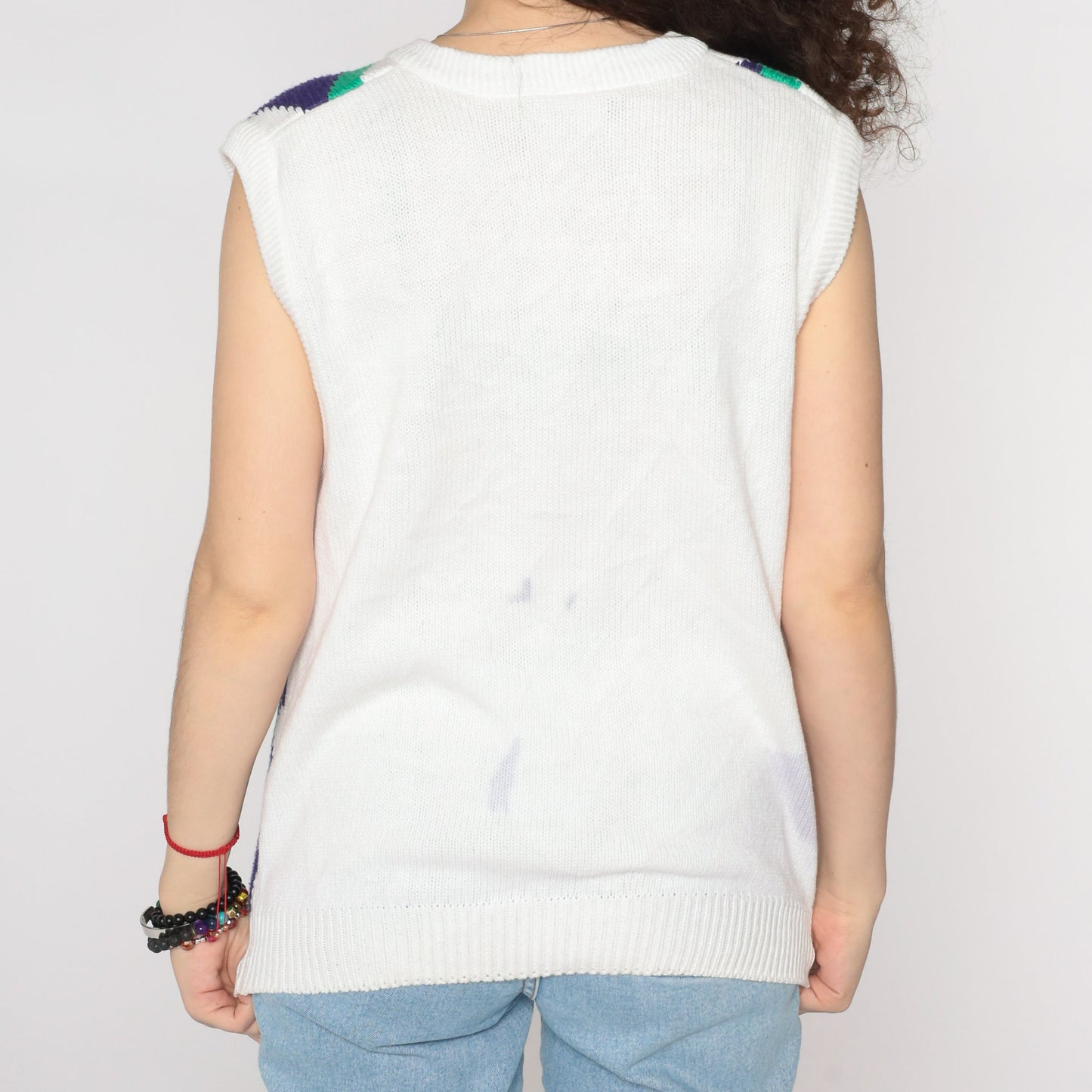 90s Geometric Diamond Sweater Vest White V-Neck Sleeveless Knit Large