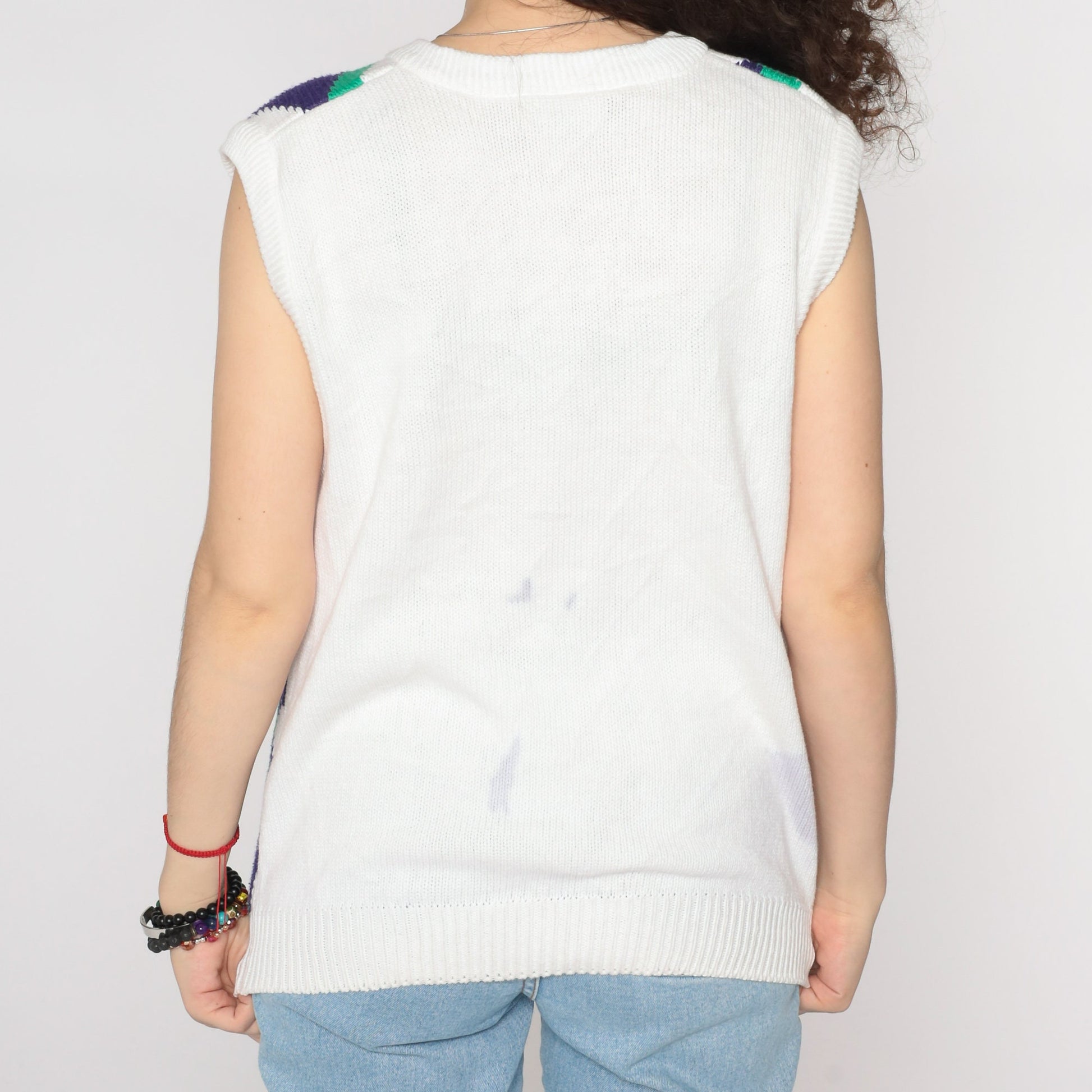 90s Geometric Diamond Sweater Vest White V-Neck Sleeveless Knit Large