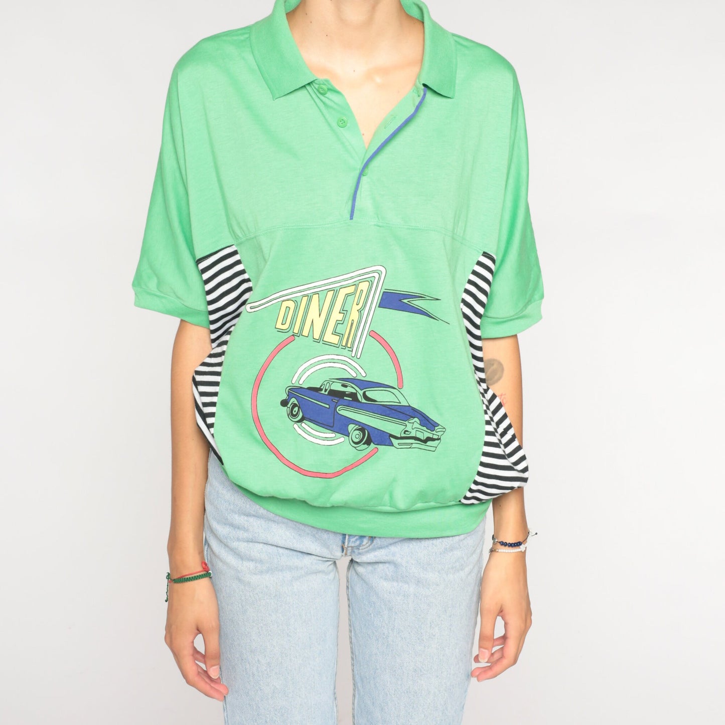 90s Le Tigre Polo Shirt Lime Green Classic Car Diner Graphic Striped Extra Large