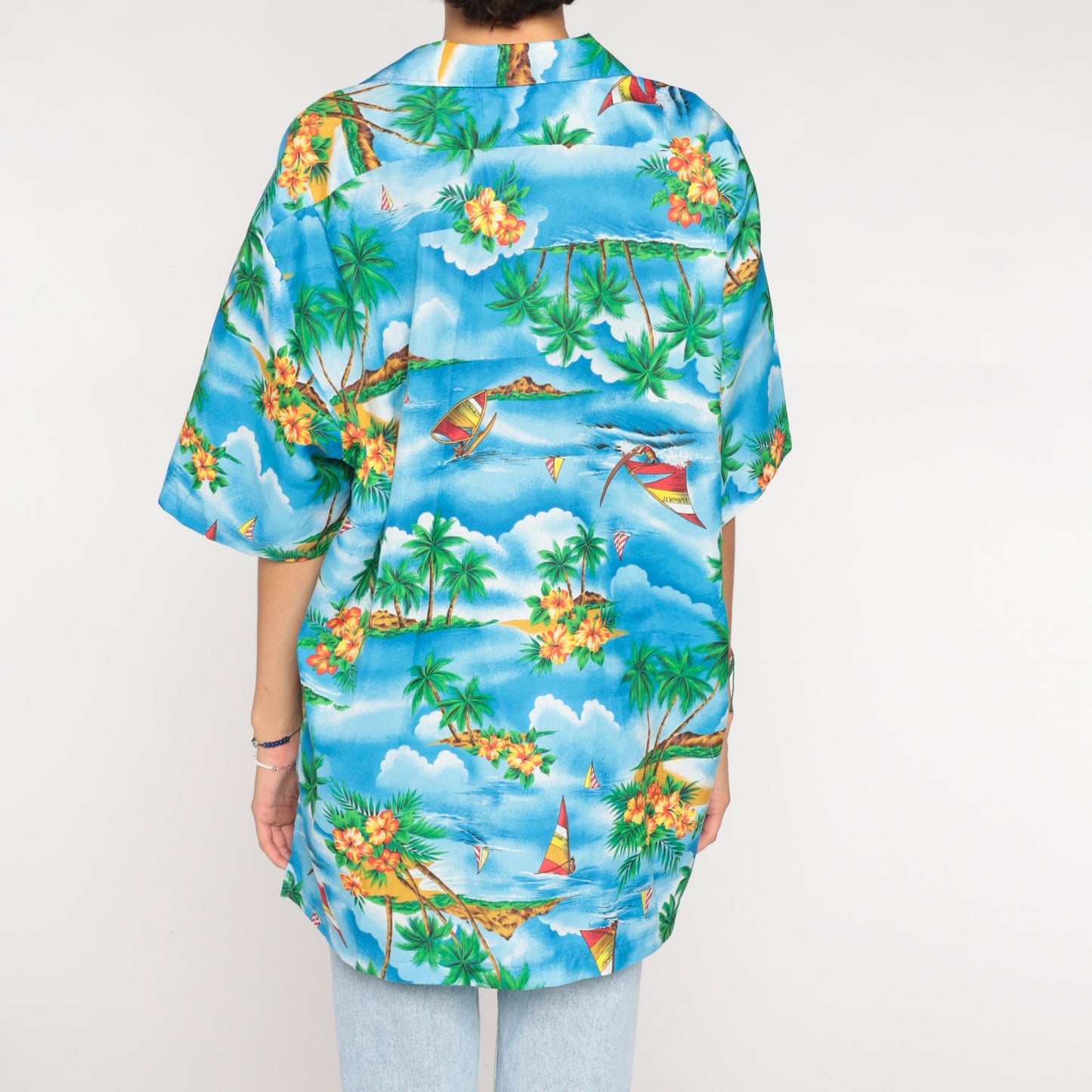 90s Blue Hawaiian Shirt Sailboat Palm Tree Print Button Up Mens XXL