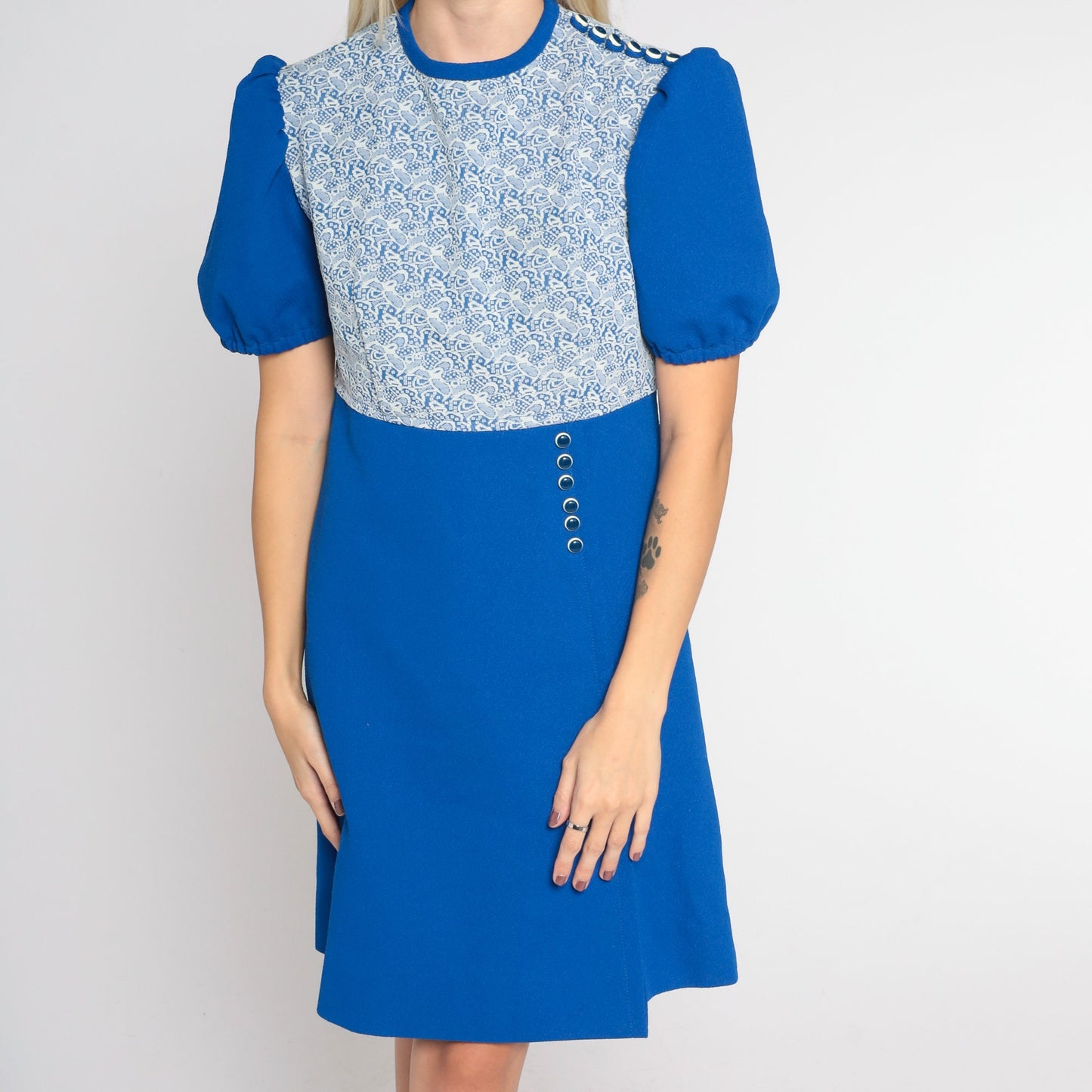 70s Blue Babydoll Dress Puff Sleeve Mini Lace Overlay High Waist Small