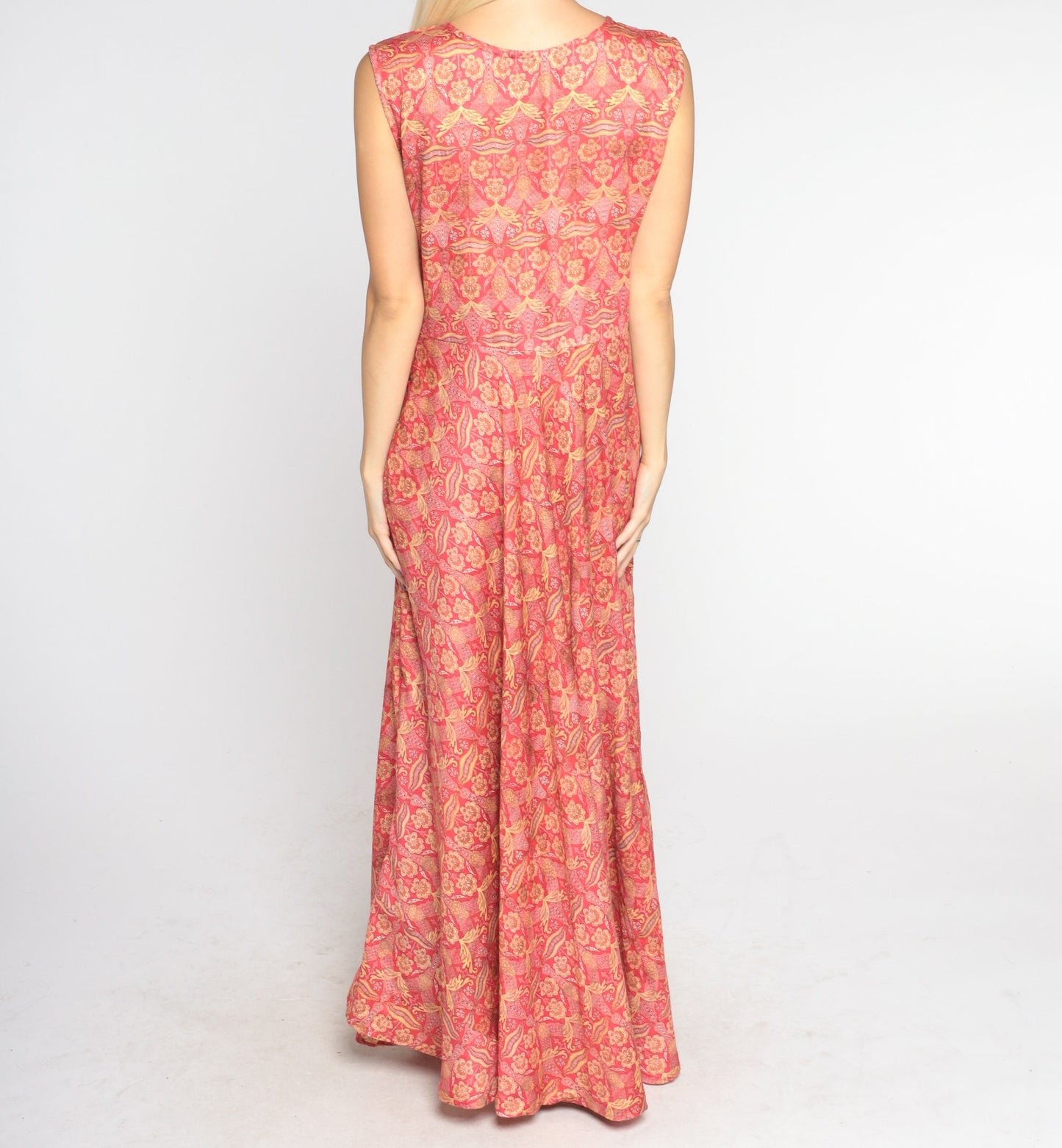 00s Red Gold Floral Maxi Dress Sleeveless High Waist Flared Skirt Medium