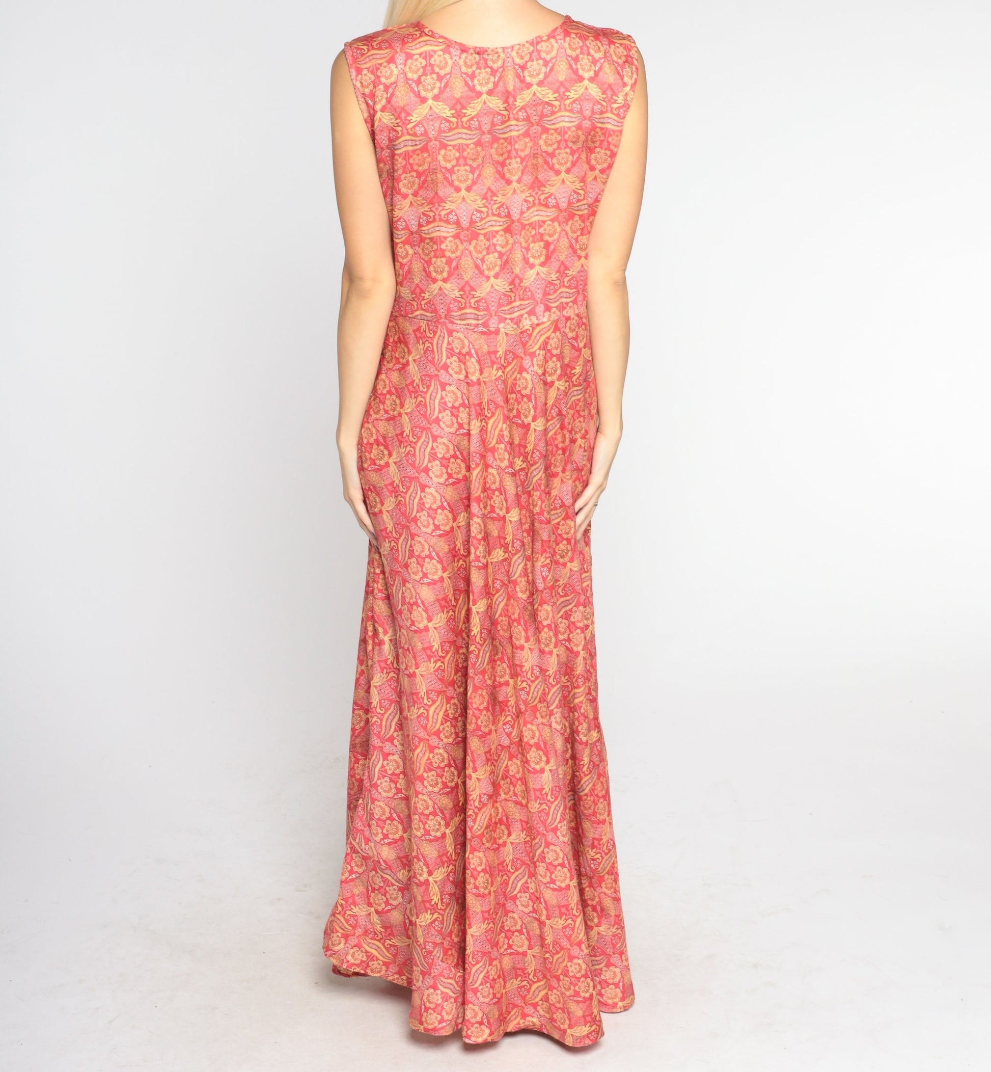 00s Red Gold Floral Maxi Dress Sleeveless High Waist Flared Skirt Medium
