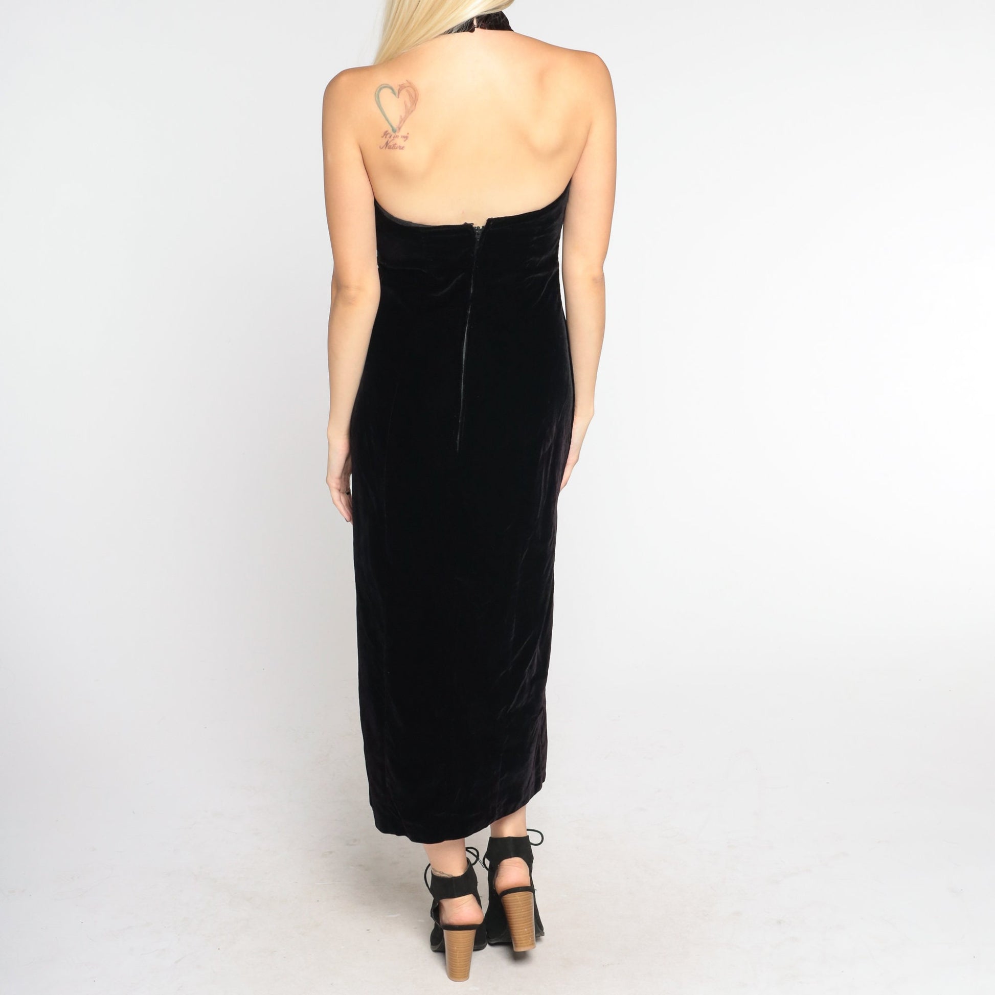 90s Black Velvet Midi Dress Beaded Halter Bodycon Open Back Extra Small