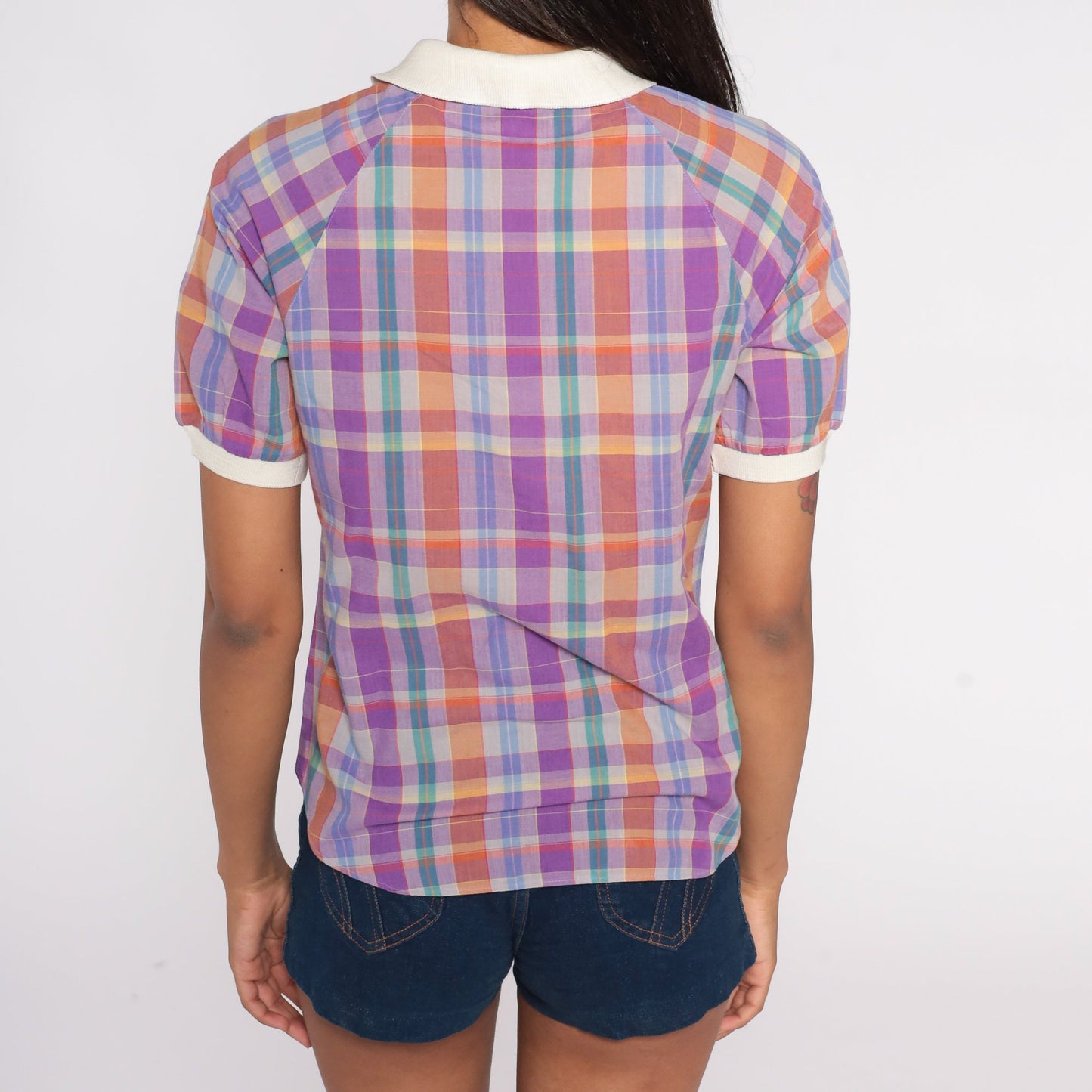 80s Plaid Button-Up Blouse Purple Orange Green Contrast Collar Short Sleeve Small