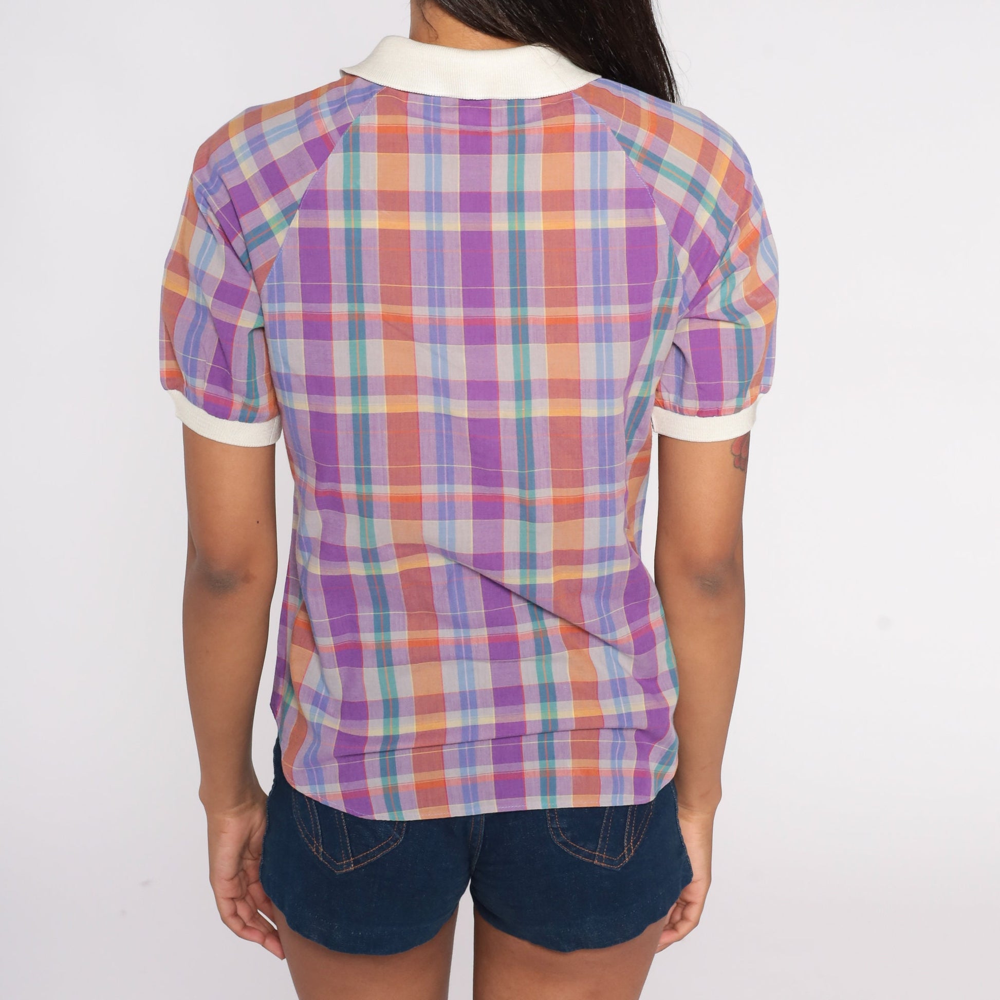 80s Plaid Button-Up Blouse Purple Orange Green Contrast Collar Short Sleeve Small