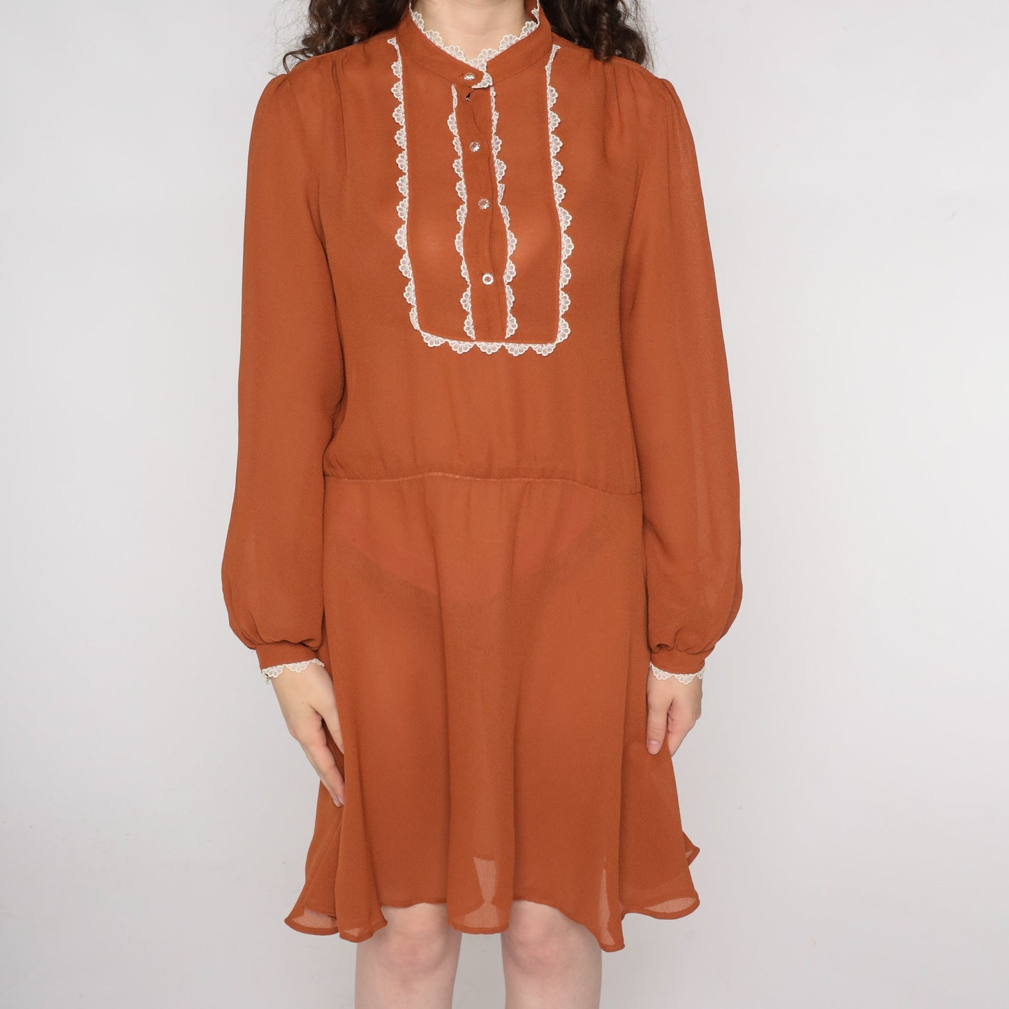 70s Brown Lace Bib Mini Dress Button-Up Long Sleeve Medium