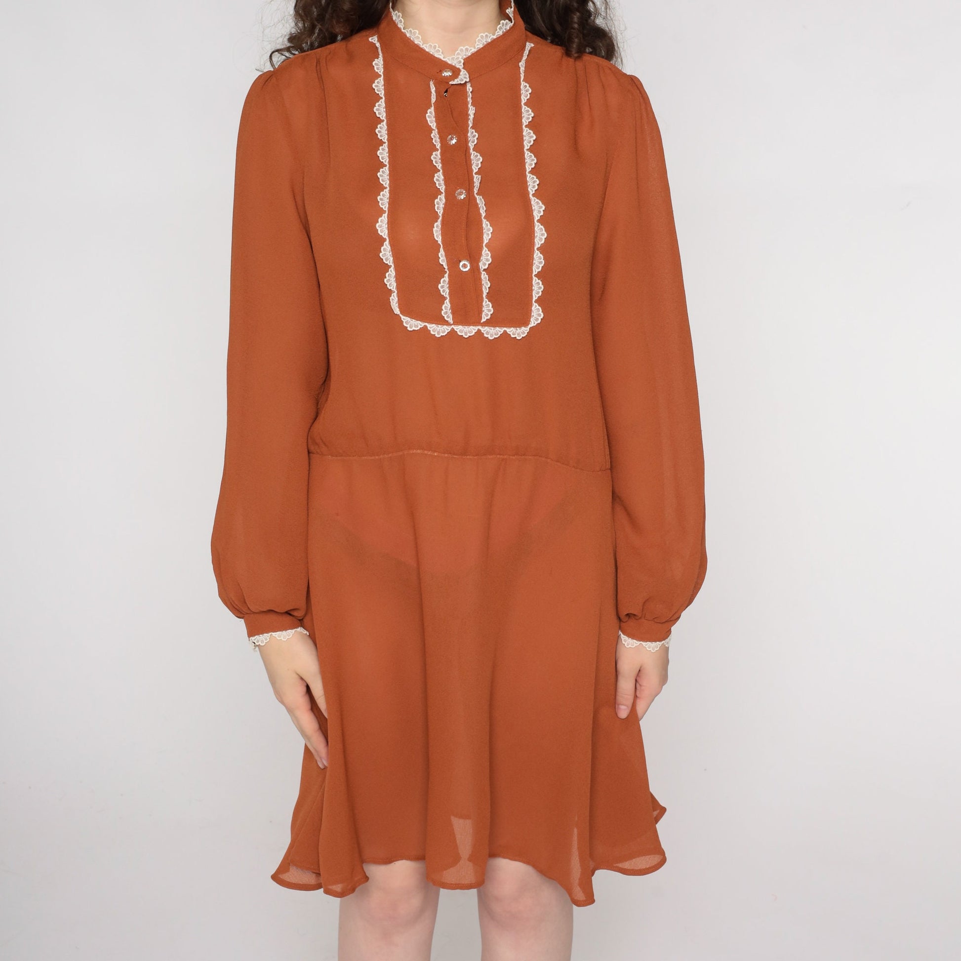 70s Brown Lace Bib Mini Dress Button-Up Long Sleeve Medium