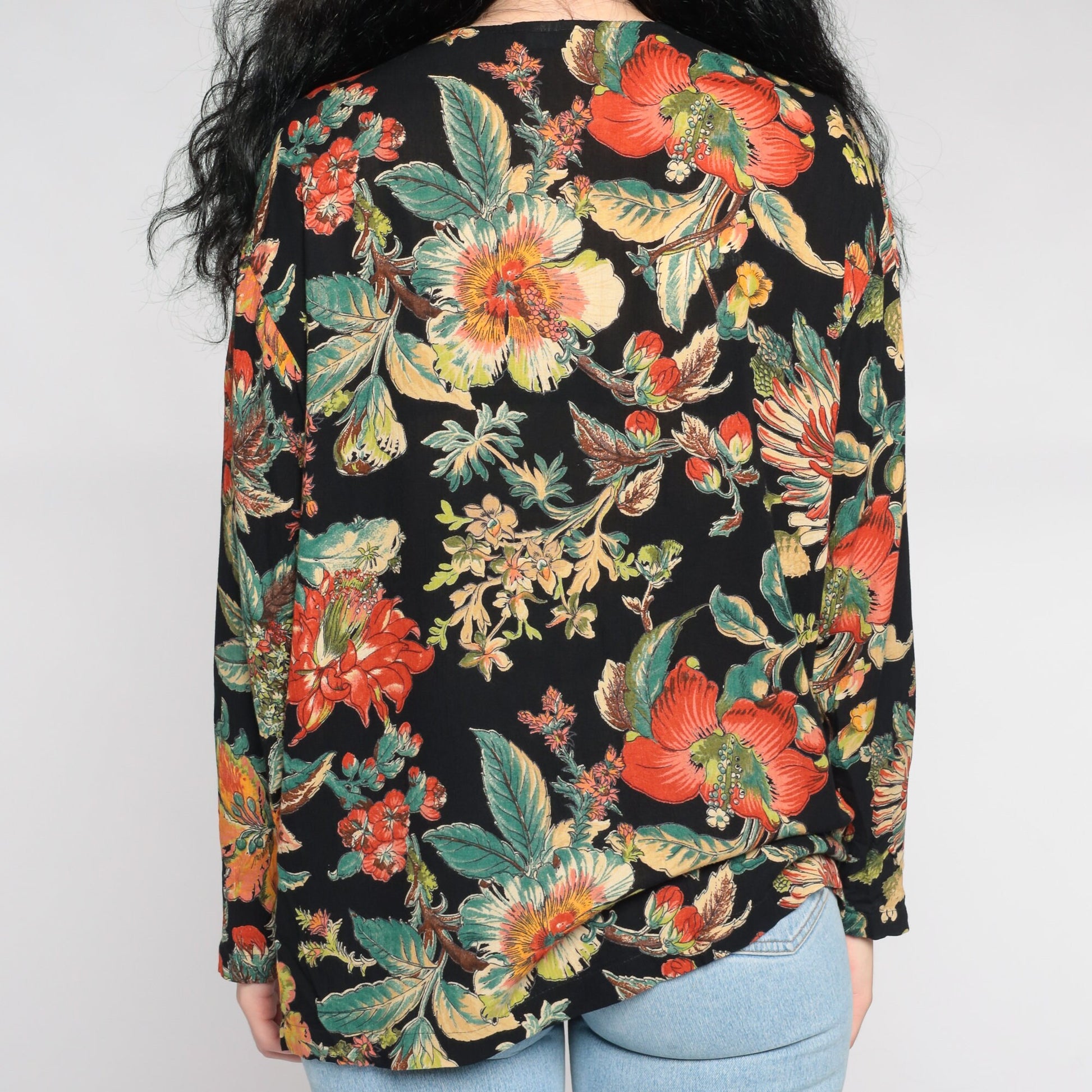 90s Carol Little Floral Blouse Black Striped Attached Vest Button Up Large