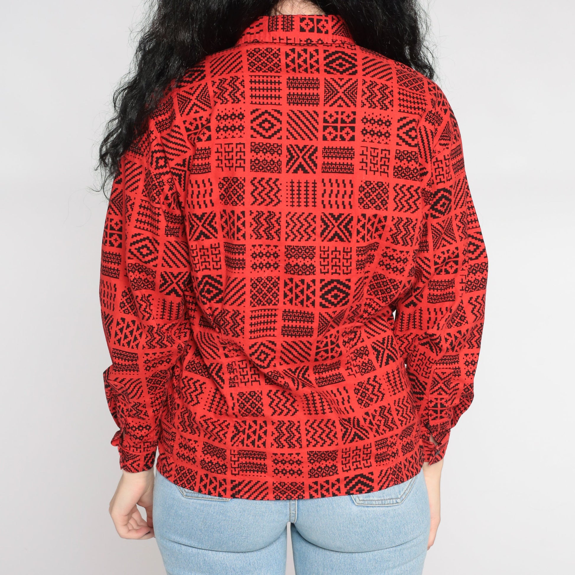 80s Liz Claiborne Geometric Button Up Shirt Red Southwestern Zig Zag Small