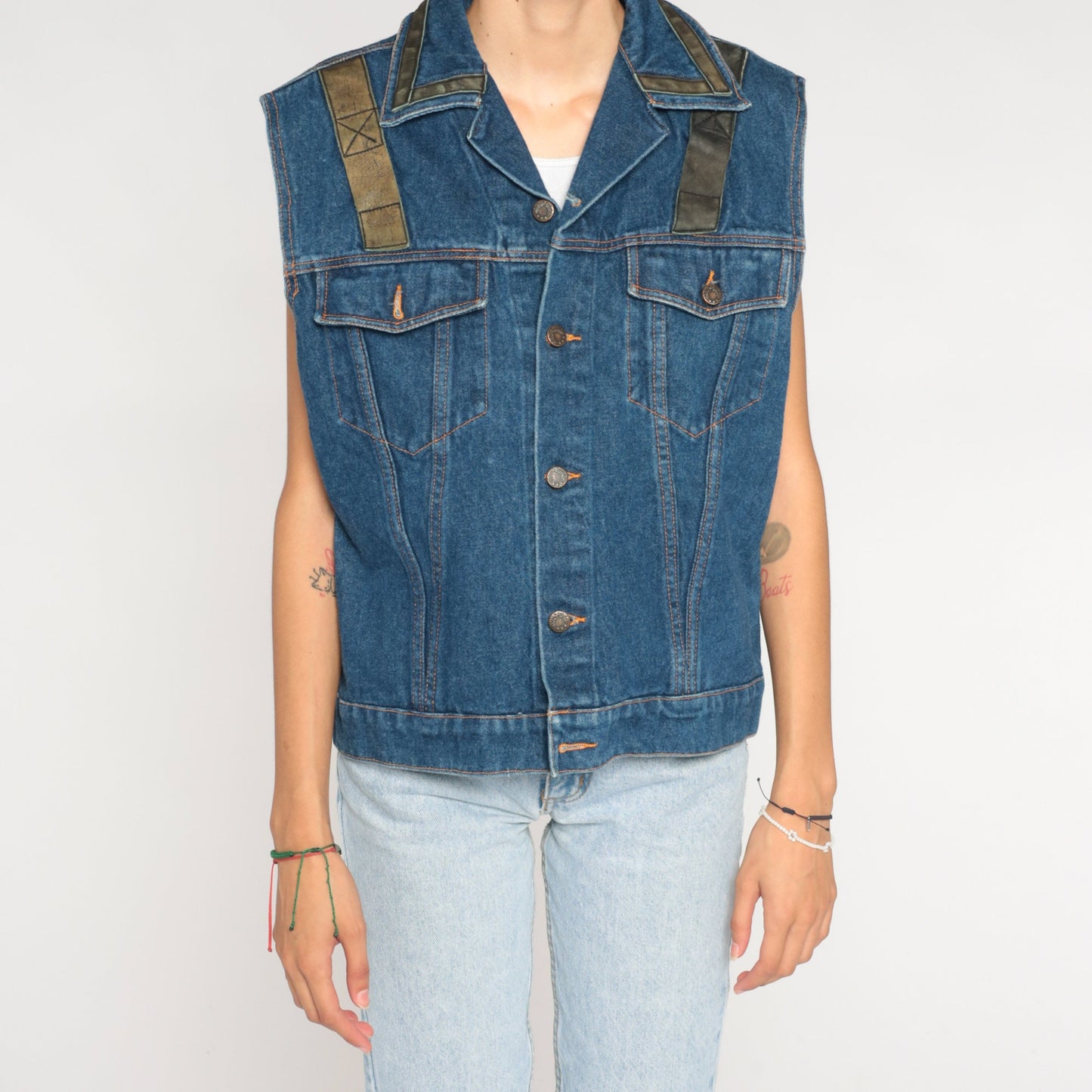 90s Snap-On Tools Denim Vest Blue Leather Trim Button-Up Sleeveless Medium