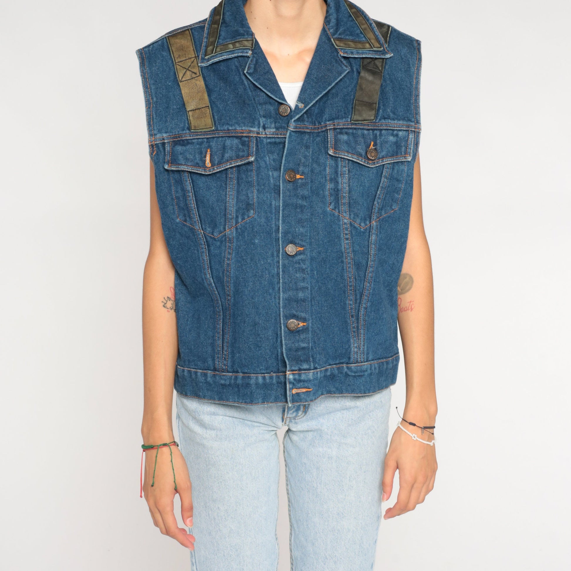 90s Snap-On Tools Denim Vest Blue Leather Trim Button-Up Sleeveless Medium