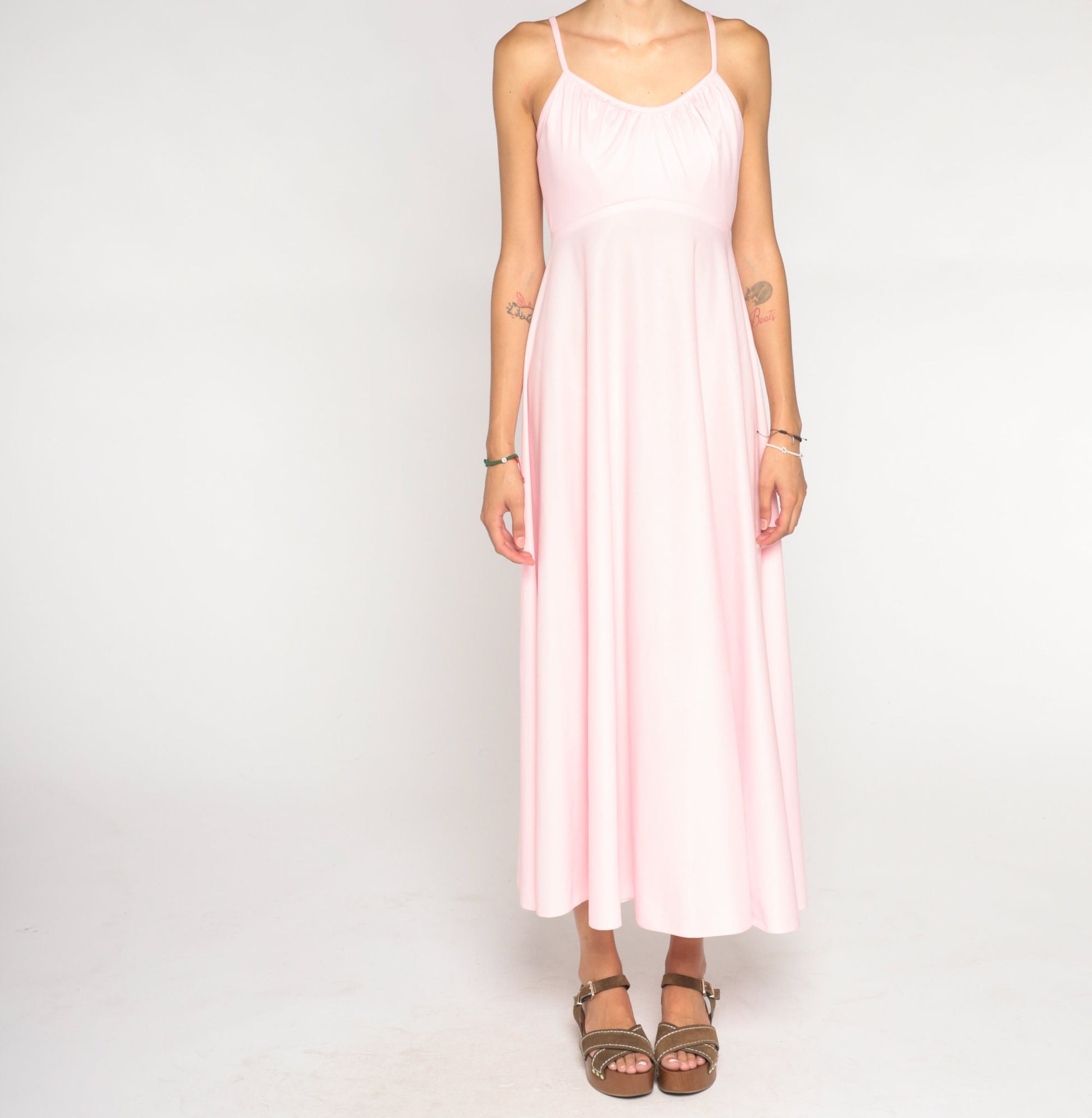 70s Baby Pink Empire Waist Maxi Dress Sleeveless Small S