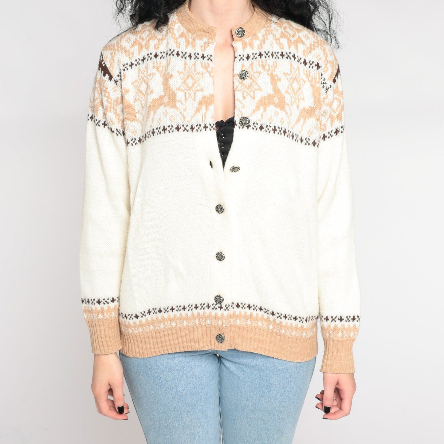 70s White Reindeer Fair Isle Cardigan Sweater Nordic Snowflake Button-Up Medium