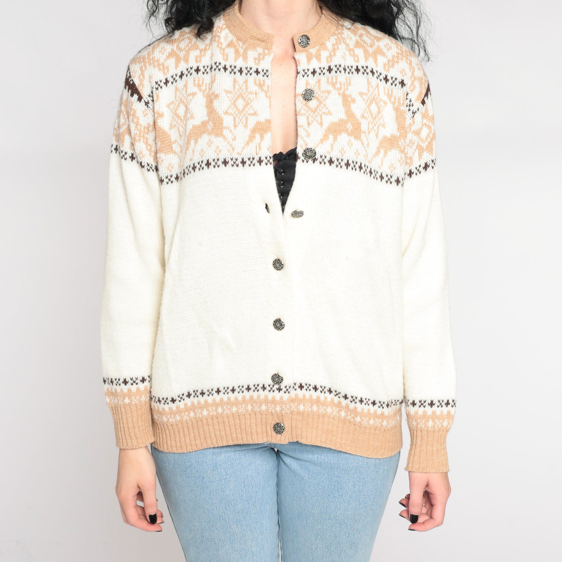 70s White Reindeer Fair Isle Cardigan Sweater Nordic Snowflake Button-Up Medium