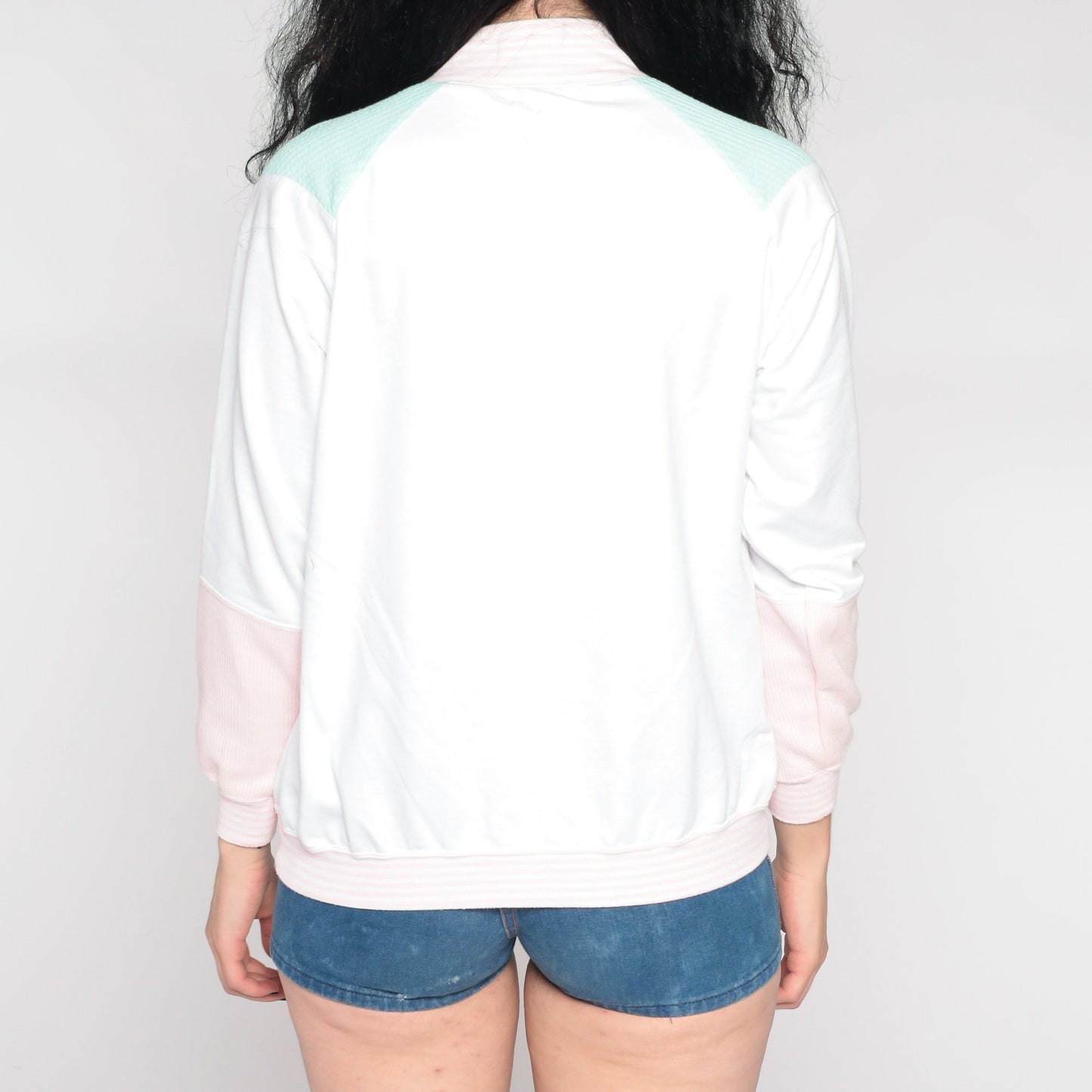 80s Colour Block Quarter Zip Sweatshirt Mock Neck Pink Mint Medium