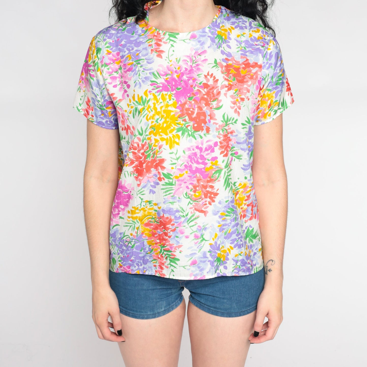 90s White Floral Pullover Blouse Short Sleeve Botanical Print Large L