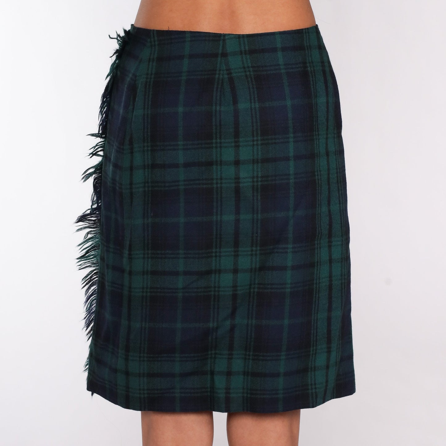 90s Wool Plaid Mini Pencil Skirt Navy Green High Waist Small 6