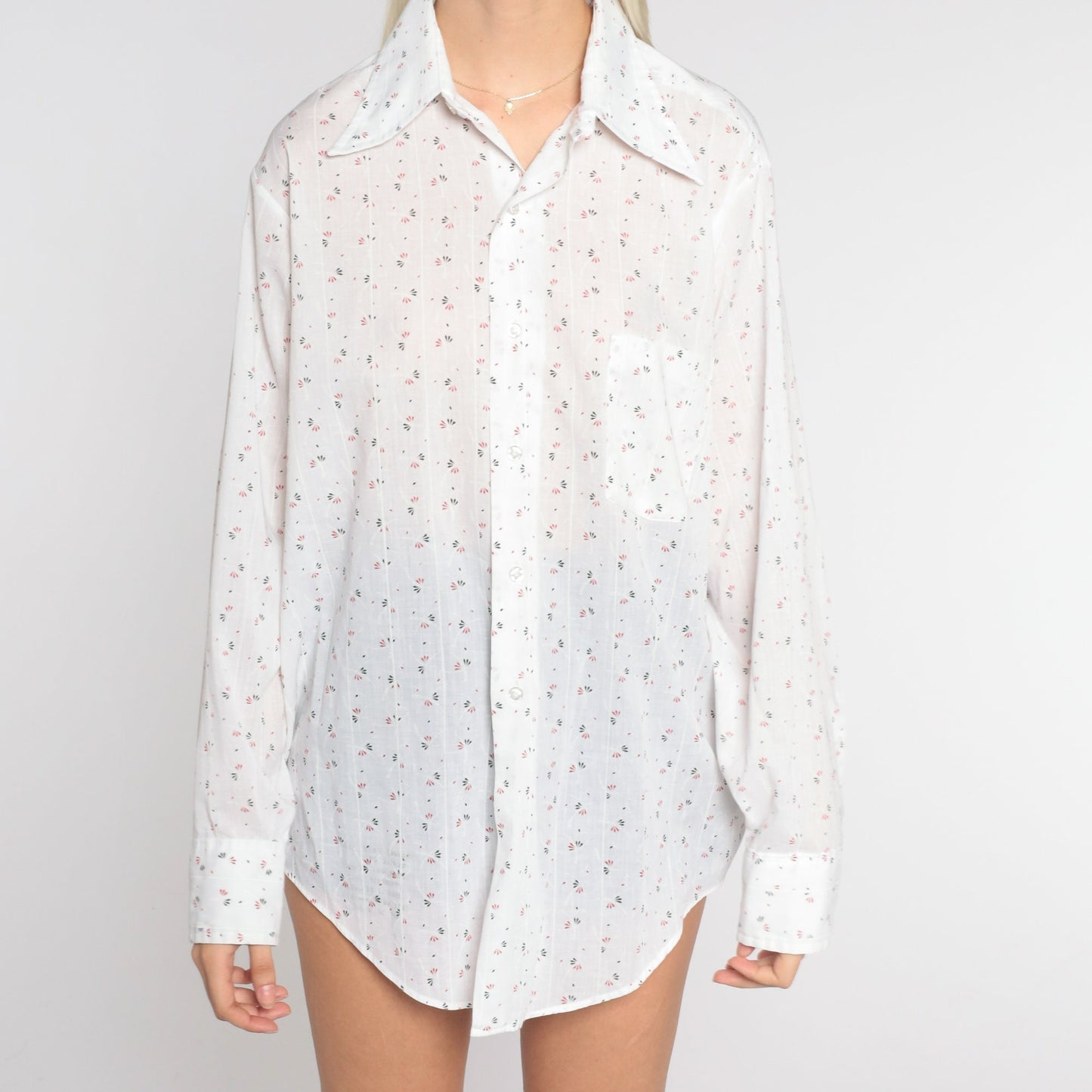 70s White Striped Floral Button-Up Shirt Long Sleeve Collar Large