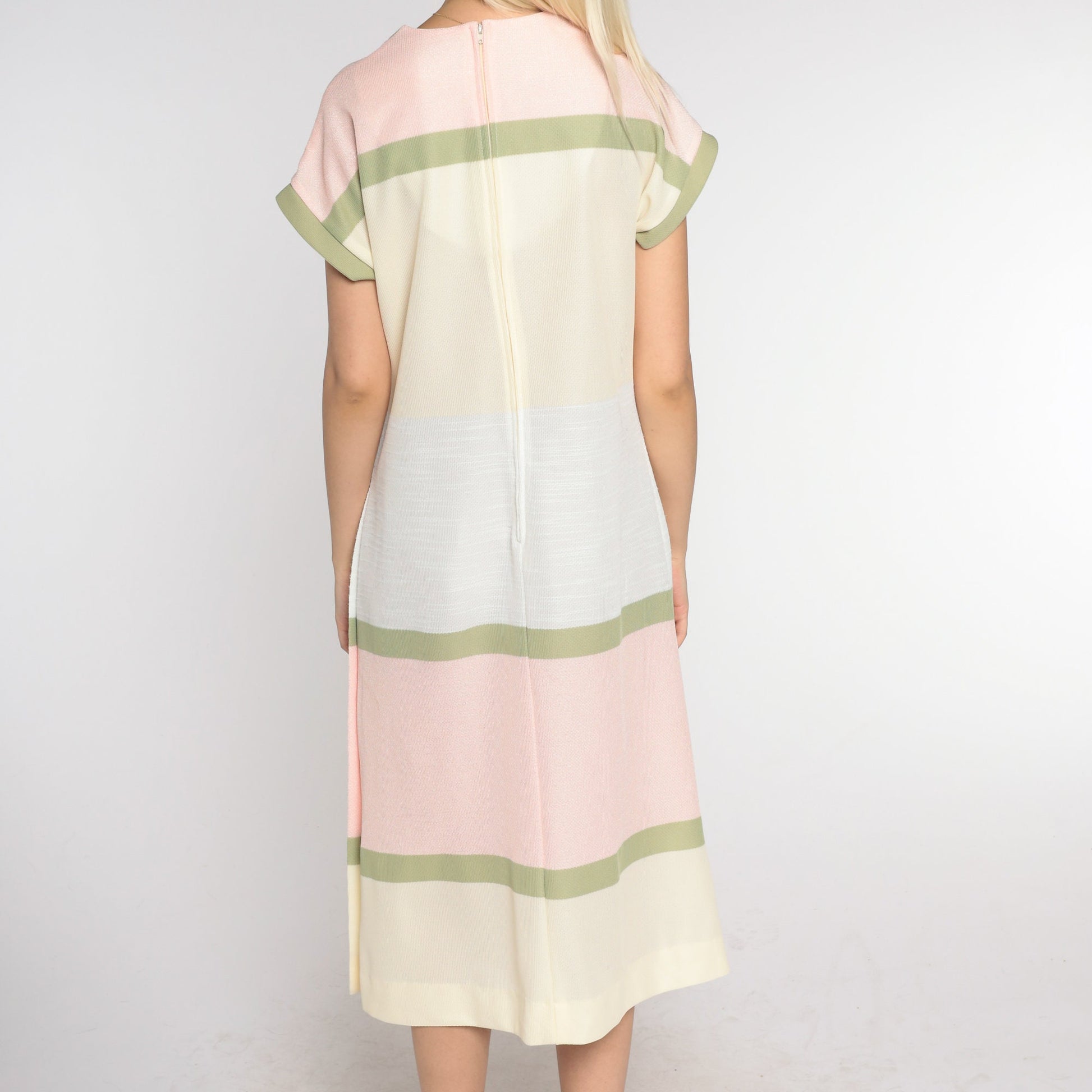 70s Striped Shift Midi Dress Cream Pink Green Grey V Neck Medium