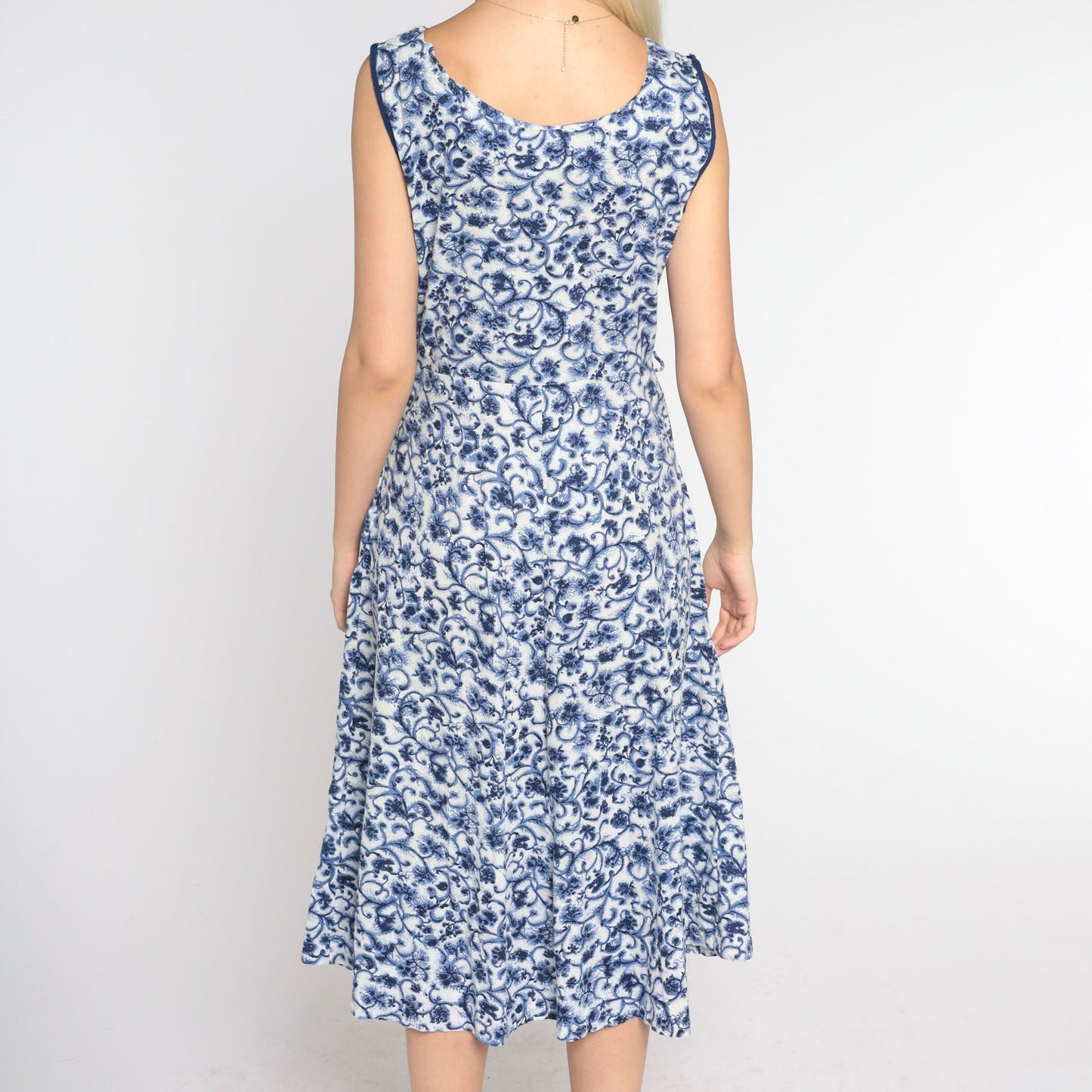 1960s Floral Midi Dress Blue White Rhinestone Beaded High Waist A-Line Medium