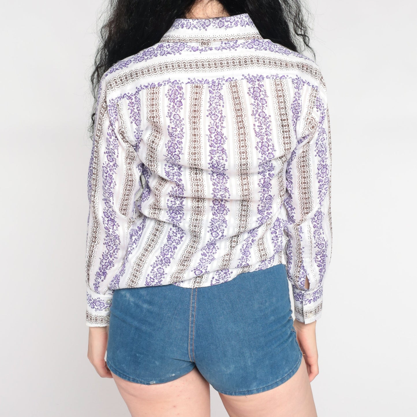 70s Striped Floral Dagger Collar Button-Up Shirt White Purple Small
