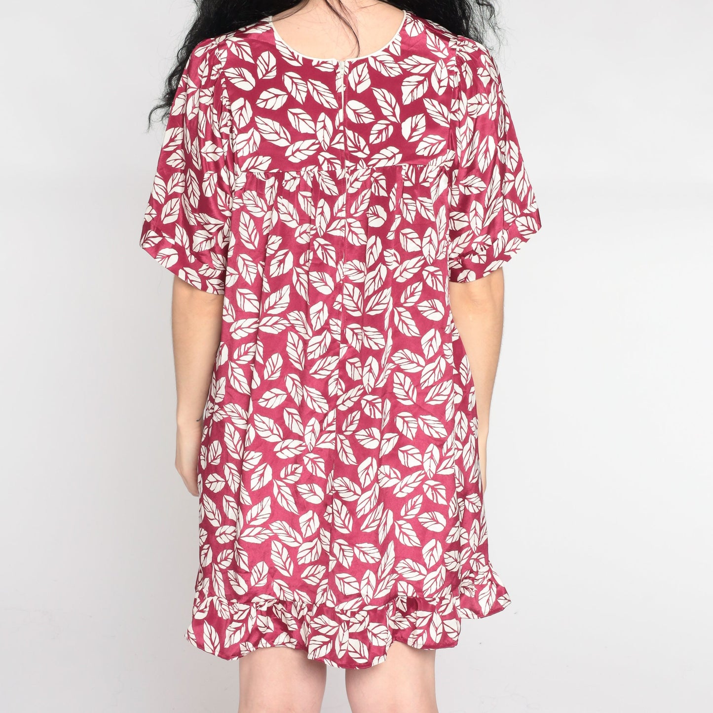 90s Leaf Print Tent Dress Dark Raspberry Red Mini Yoke Short Sleeve Small Medium