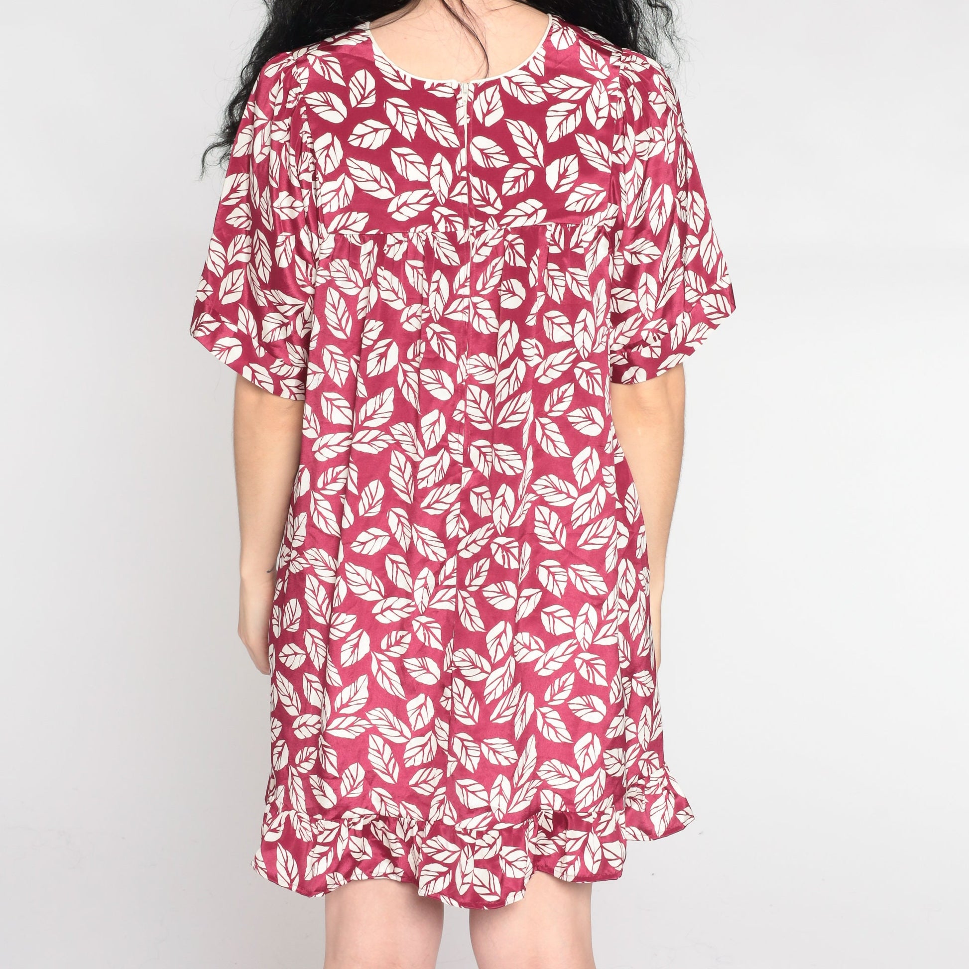 90s Leaf Print Tent Dress Dark Raspberry Red Mini Yoke Short Sleeve Small Medium